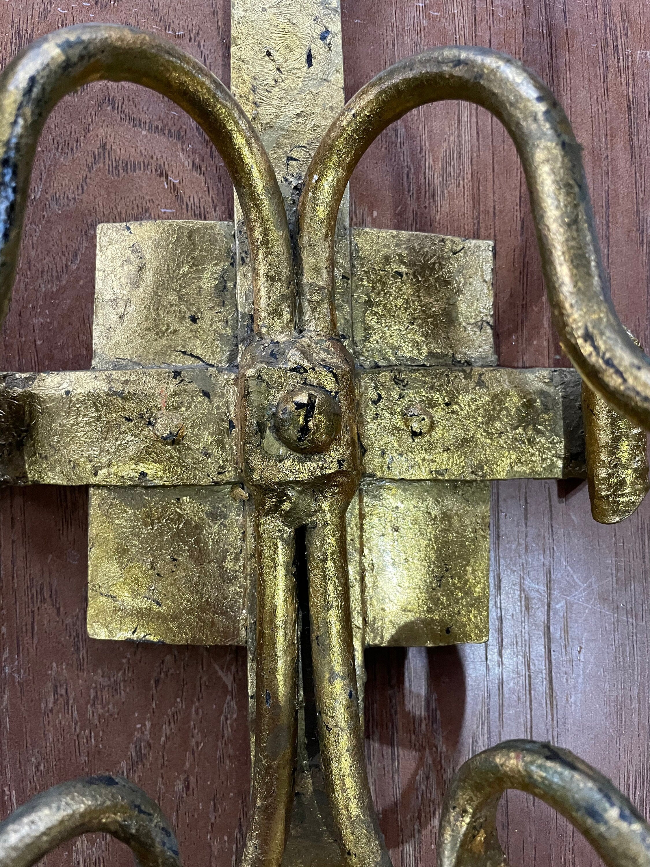 Huge Antique Wrought Iron Gothic Candle Wall Sconces Pair 2 Painted Gold