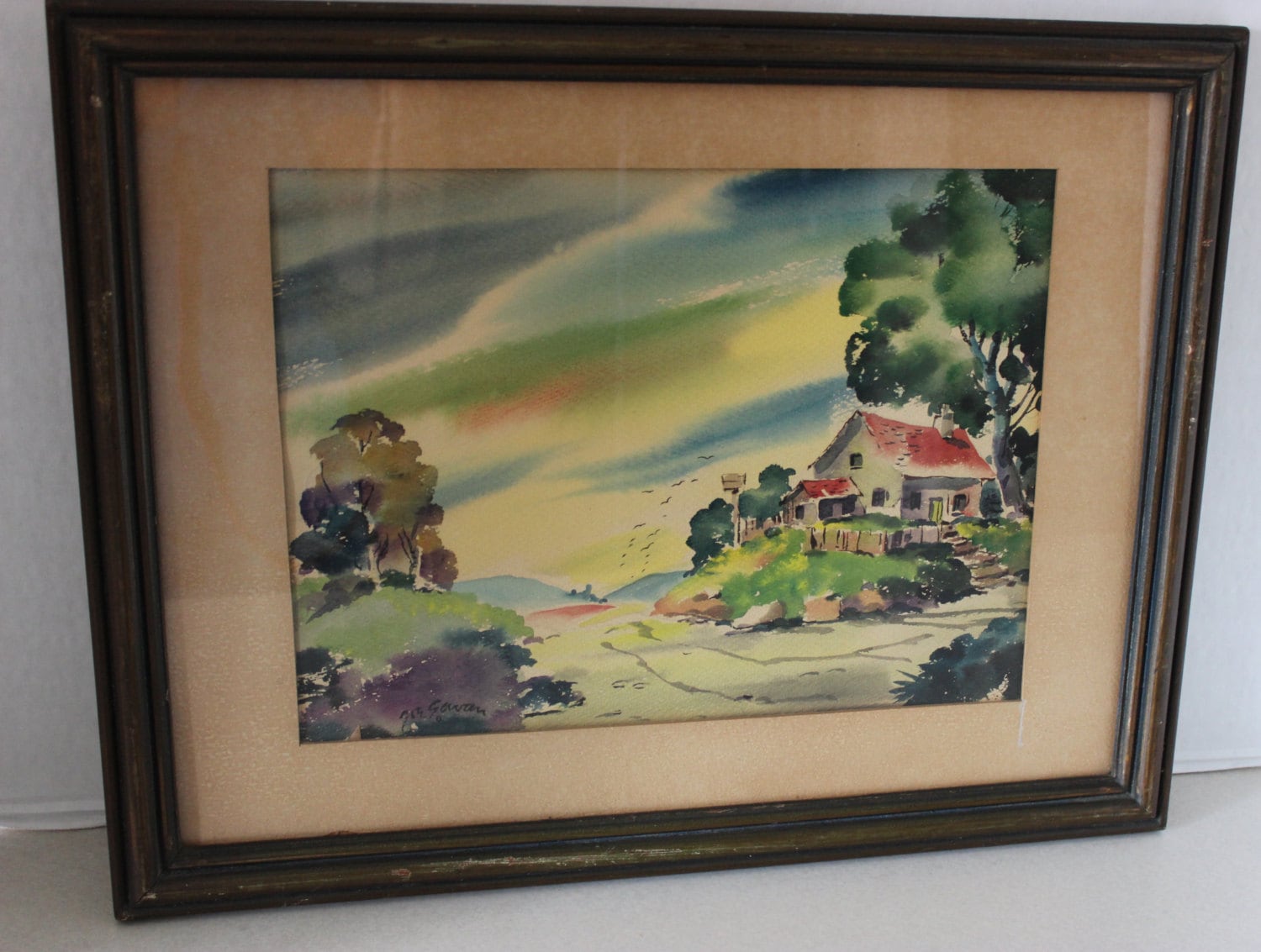 Vintage 40's Signed Watercolor Painting Farm Mountain Cabin Joesph Gavan Disney