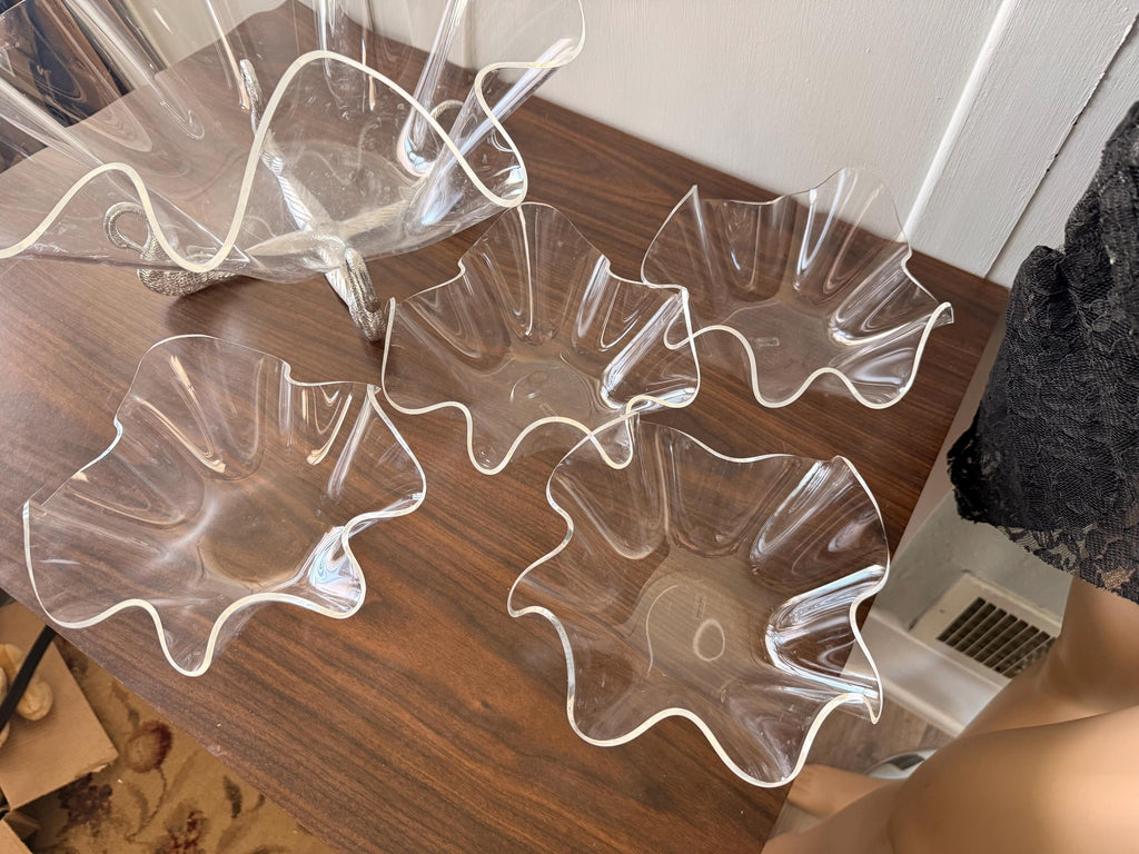 Vintage 1989 Arthur Court Large  Acrylic Salad Bowls Set Aluminum Swan Stand