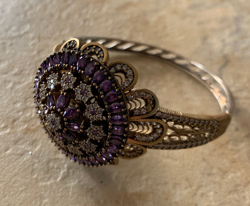 Stunning Large Amethyst Sterling Silver Bronze Turkish Hinged Bracelet