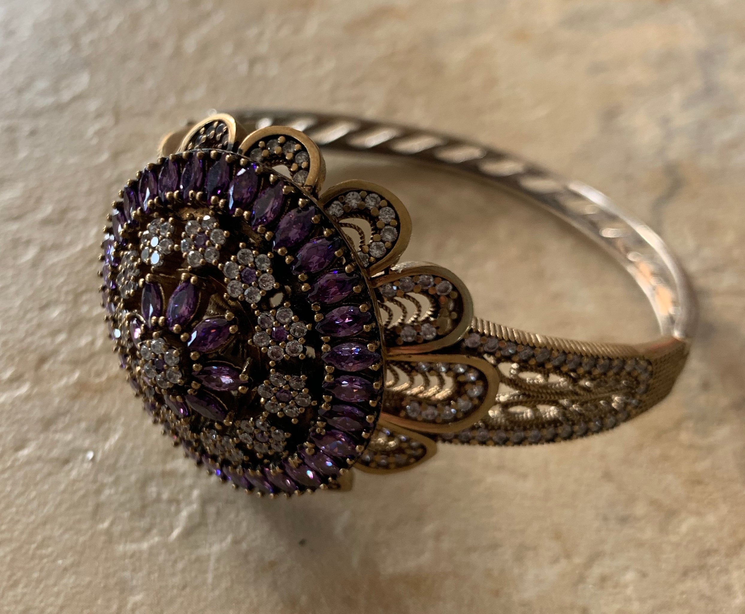 Stunning Large Amethyst Sterling Silver Bronze Turkish Hinged Bracelet