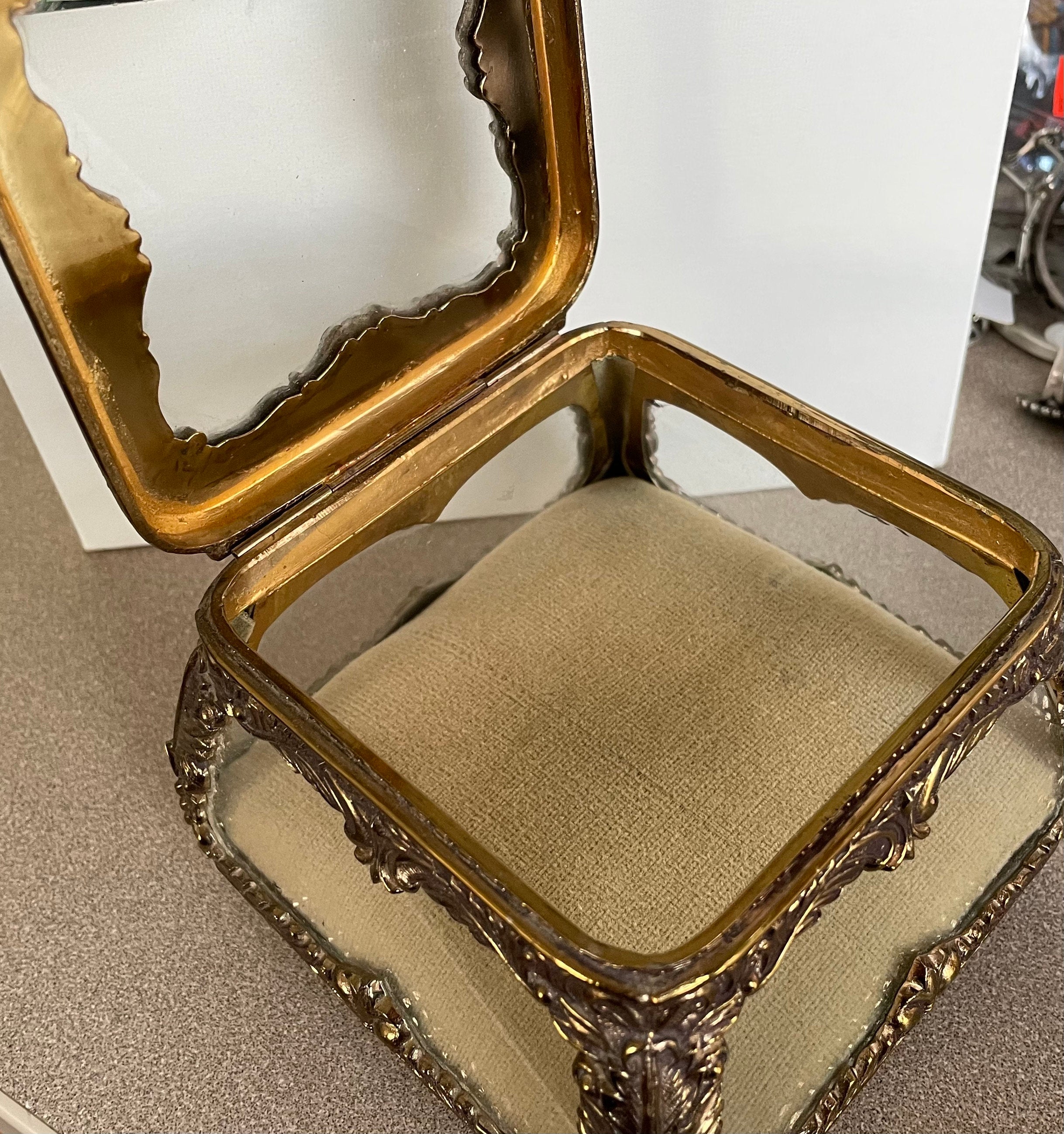 Heavy Antique Ornate Gold Gilt Ormolu Vanity Casket Jewelry Box