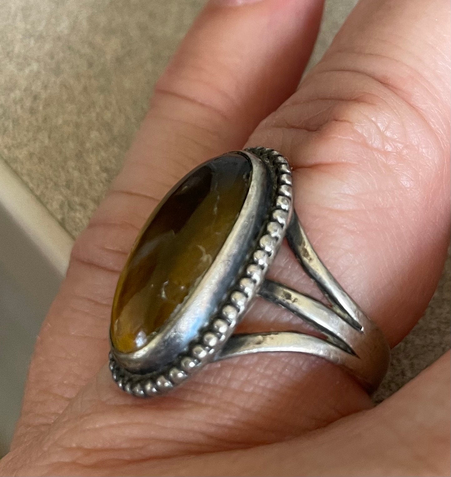 Vintage Native American White Tiger's Eye Sterling Silver Ring Size 8 1/2