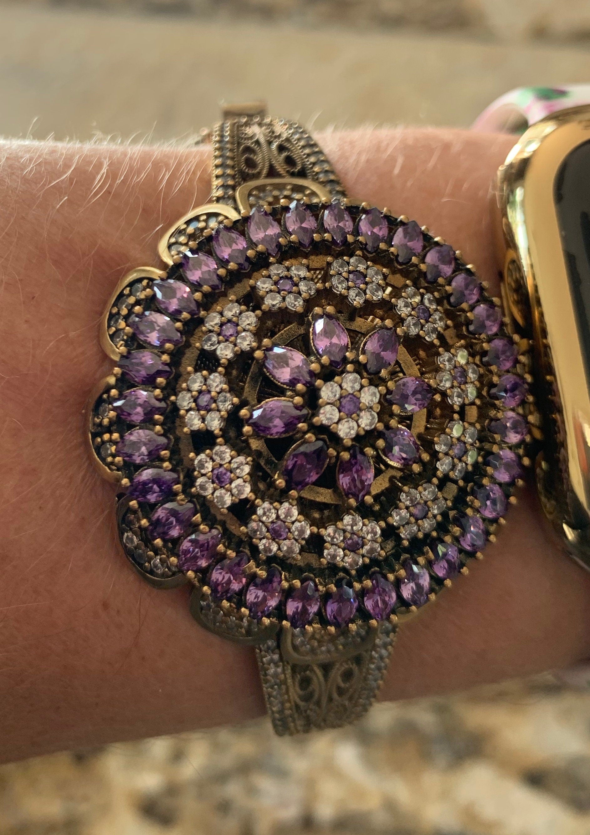 Stunning Large Amethyst Sterling Silver Bronze Turkish Hinged Bracelet