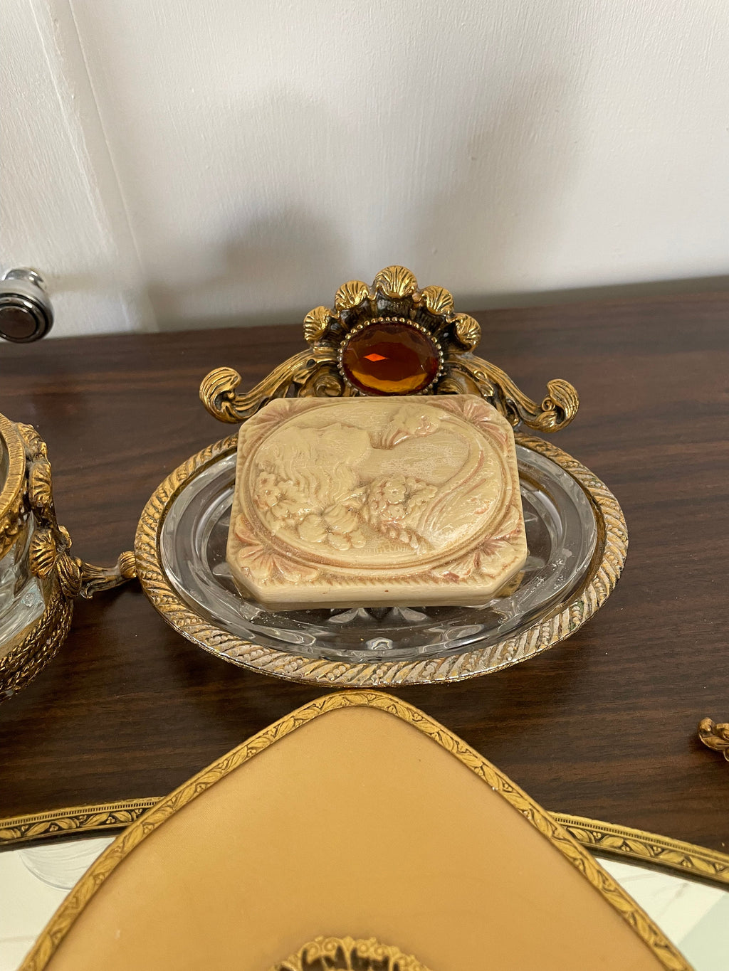Beautiful Antique Victorian Ormolu Vanity Set Tray Comb Brush Jewelry Box Clock Soap Dish Glass and Holder Amber Rhinestones 8 Pieces