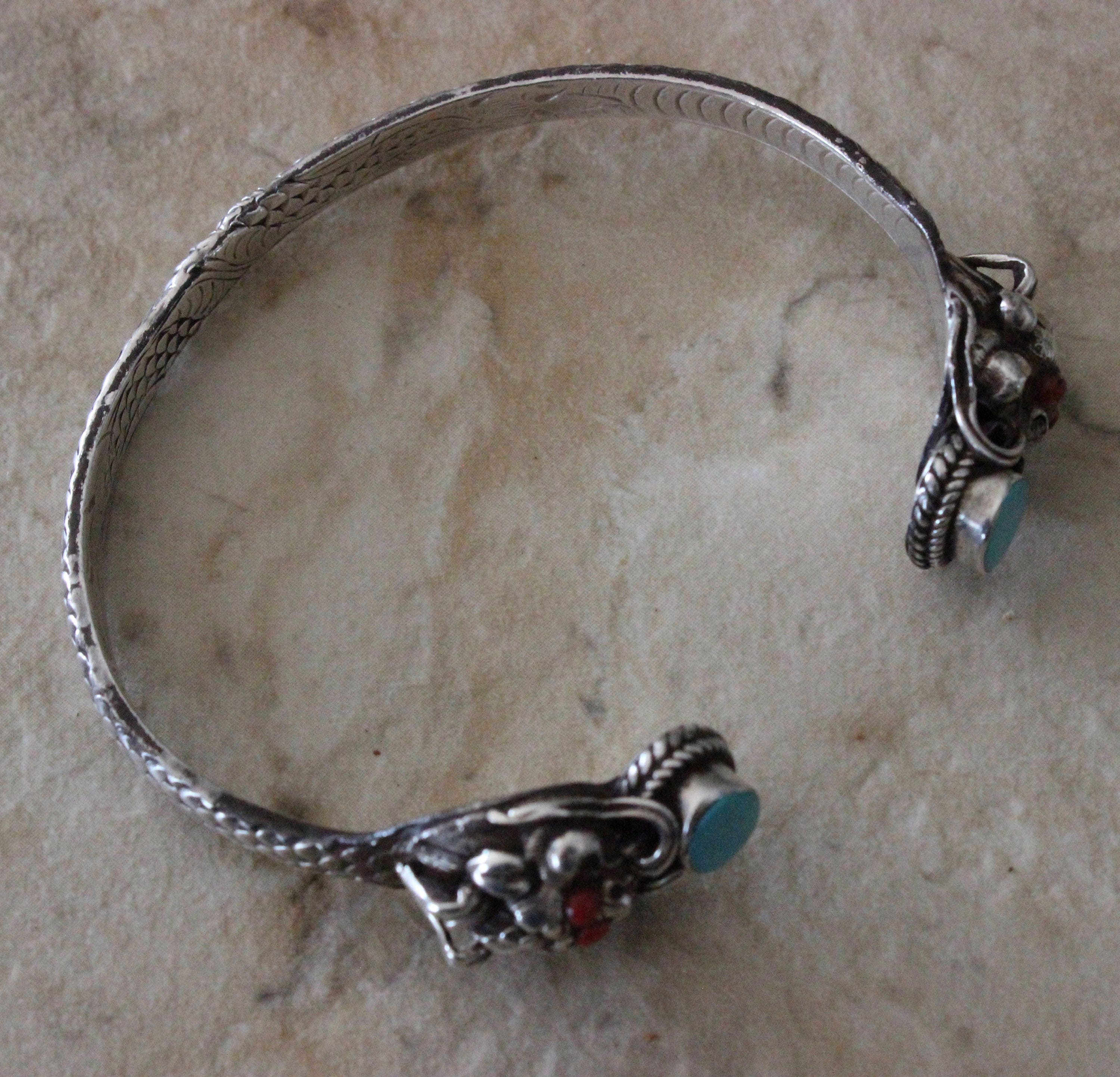 Vintage Unique  Sterling Silver Turquoise and Coral Dragon Cuff Bracelet