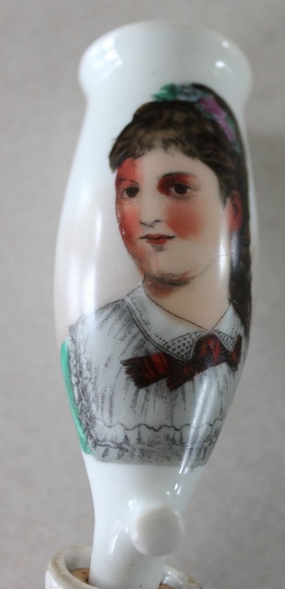 Antique German Porcelain Pipe with Portrait Painted Girl Lady