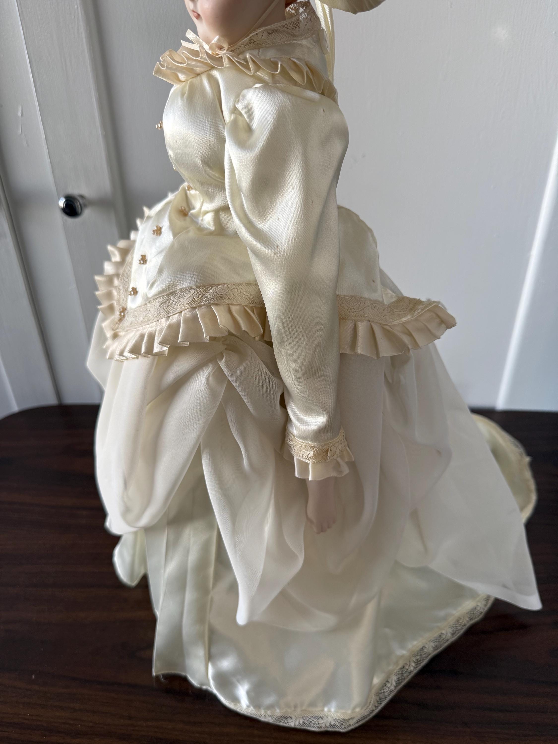 Antique 20" German Parian China Head doll Reproduction with Handmade Satin Off White Lace Dress Blue Glass Eyes