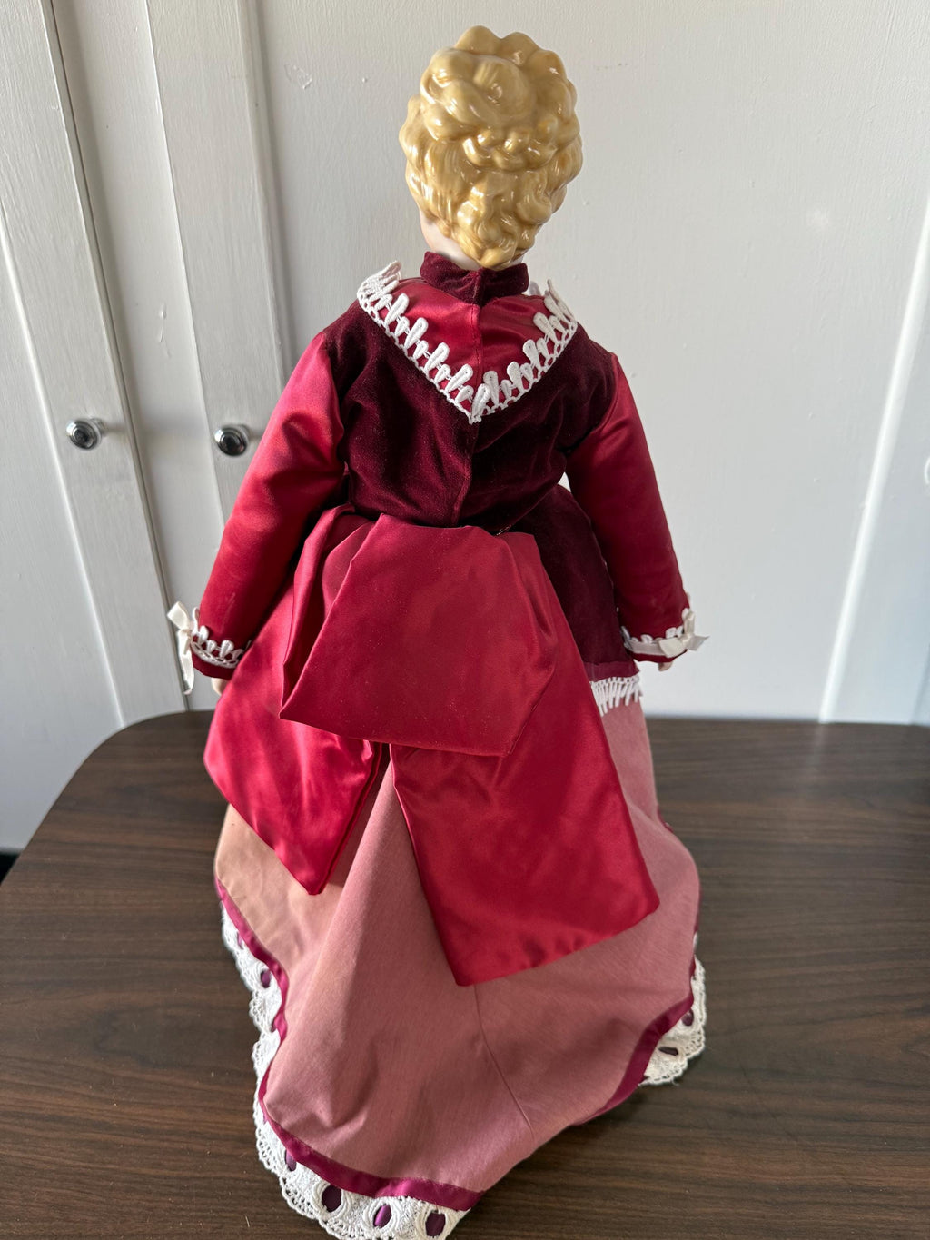Antique 21" German Parian China Head doll Reproduction with Handmade Ruby Velvet and  Lace Dress Brown Glass Eyes