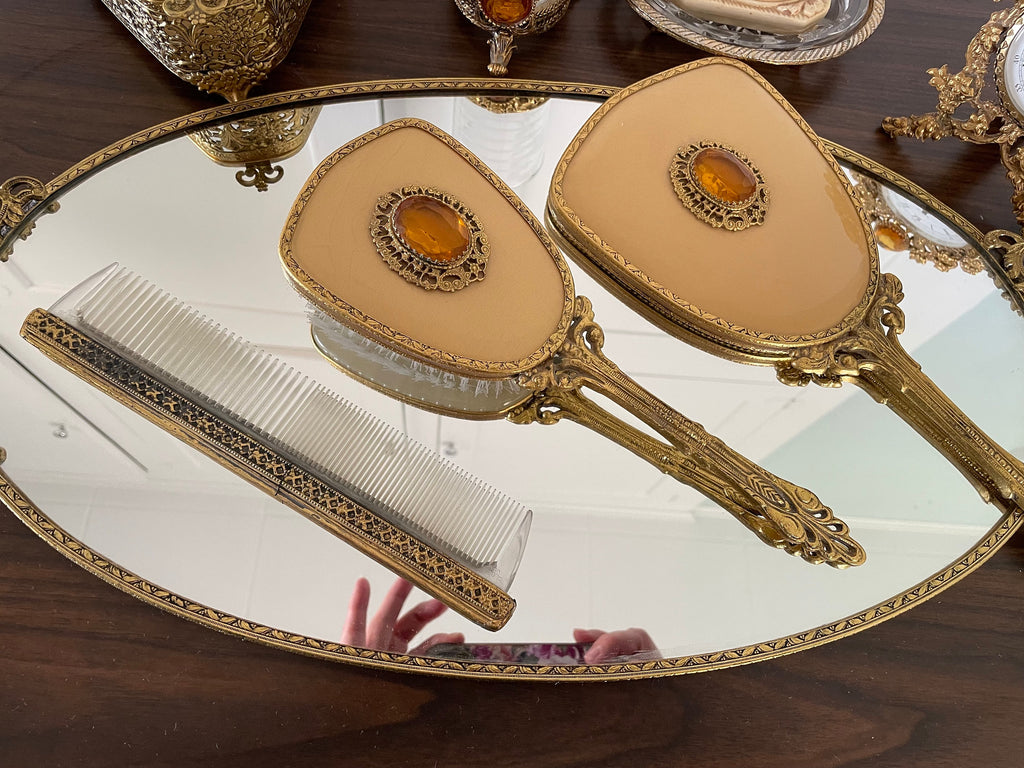 Beautiful Antique Victorian Ormolu Vanity Set Tray Comb Brush Jewelry Box Clock Soap Dish Glass and Holder Amber Rhinestones 8 Pieces