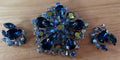 Stunning Huge Vintage Dark Blue Rhinestone Brooch Pin and Clip Earrings Set