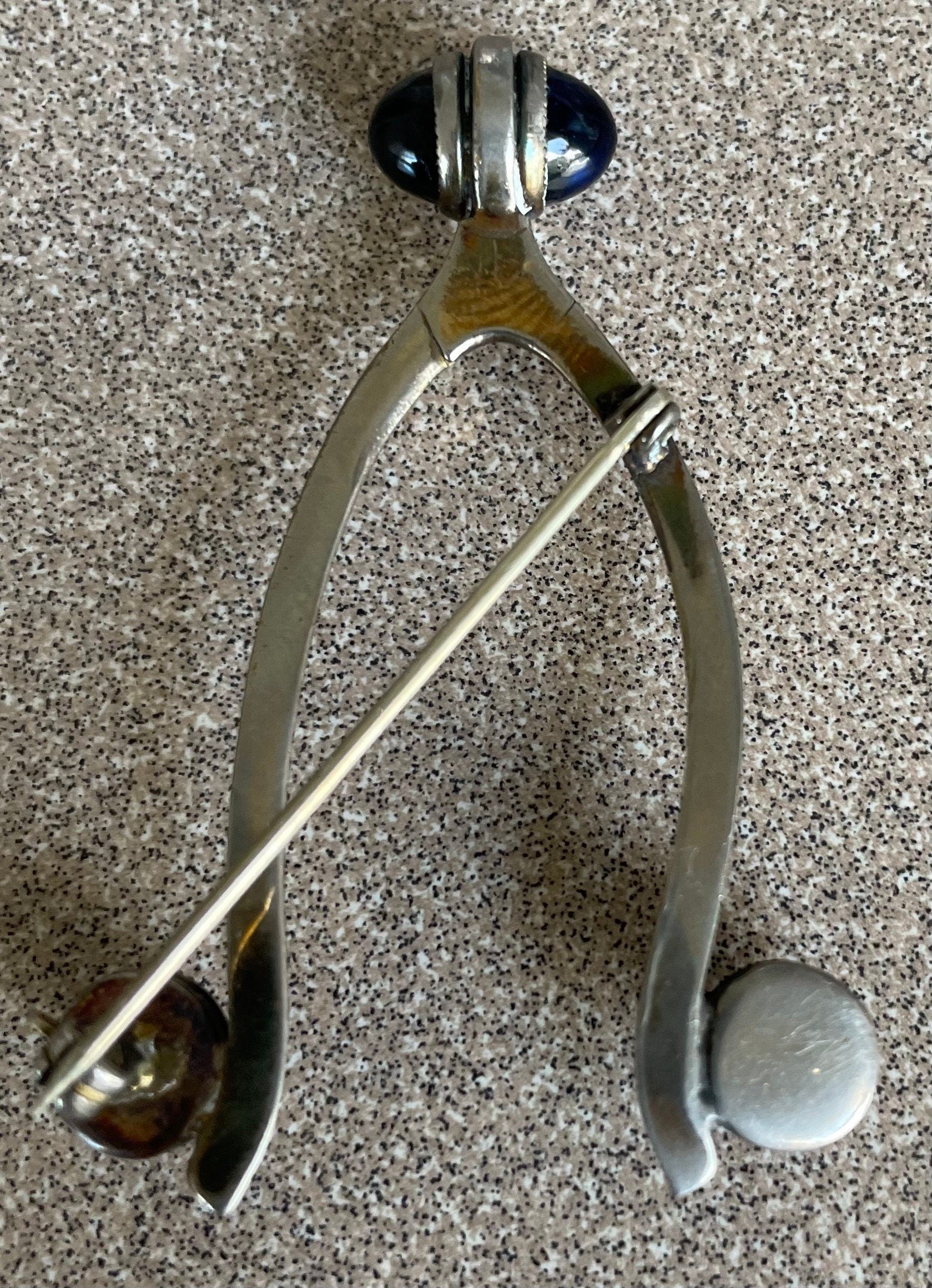 Vintage Sterling Silver and Sapphire Blue Glass Horse Shoe Brooch Pin