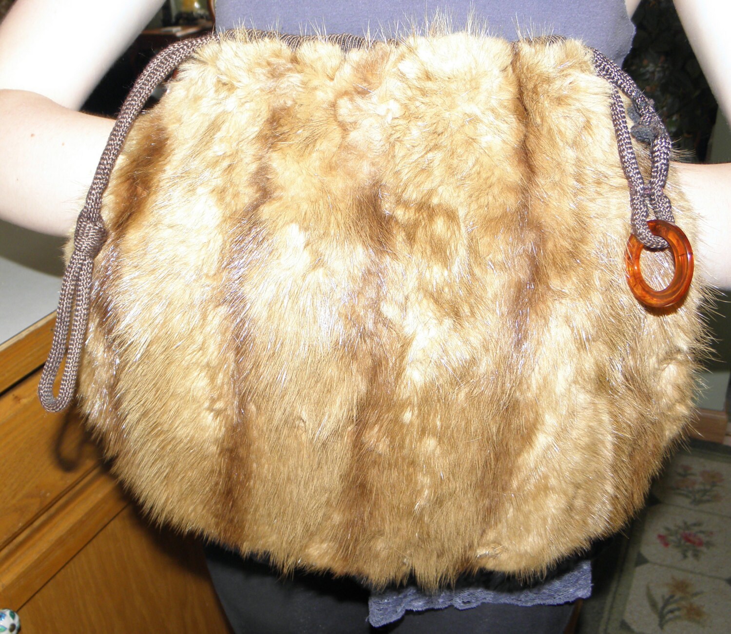 Beautiful Unique Soft Brown Vintage Mink Muff Purse with Pull Strings to Match a Brown Mink Jacket Lucite Closure