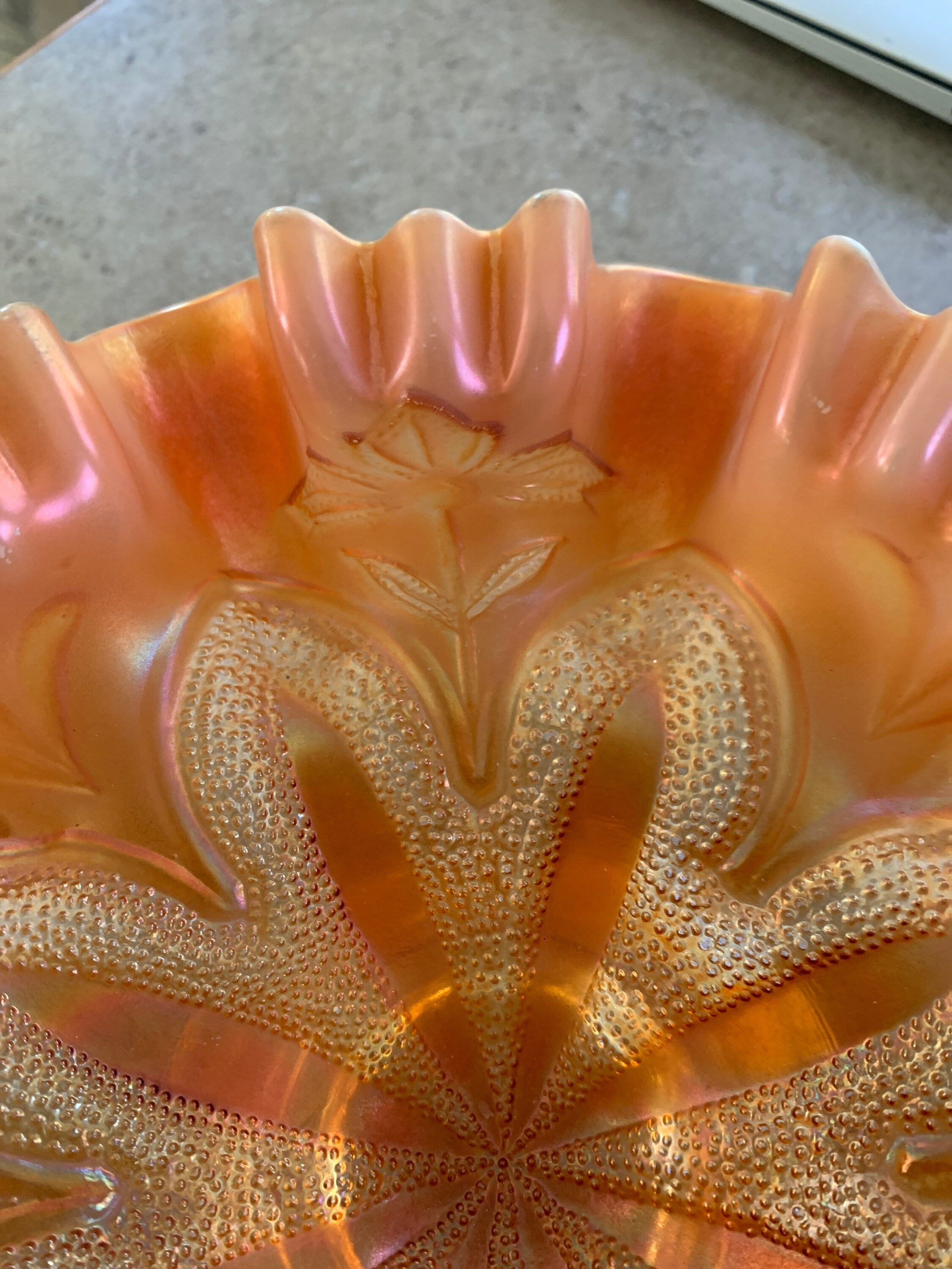 Vintage Dugan Carnival Glass Amber Border Plants pattern Compote Bowl