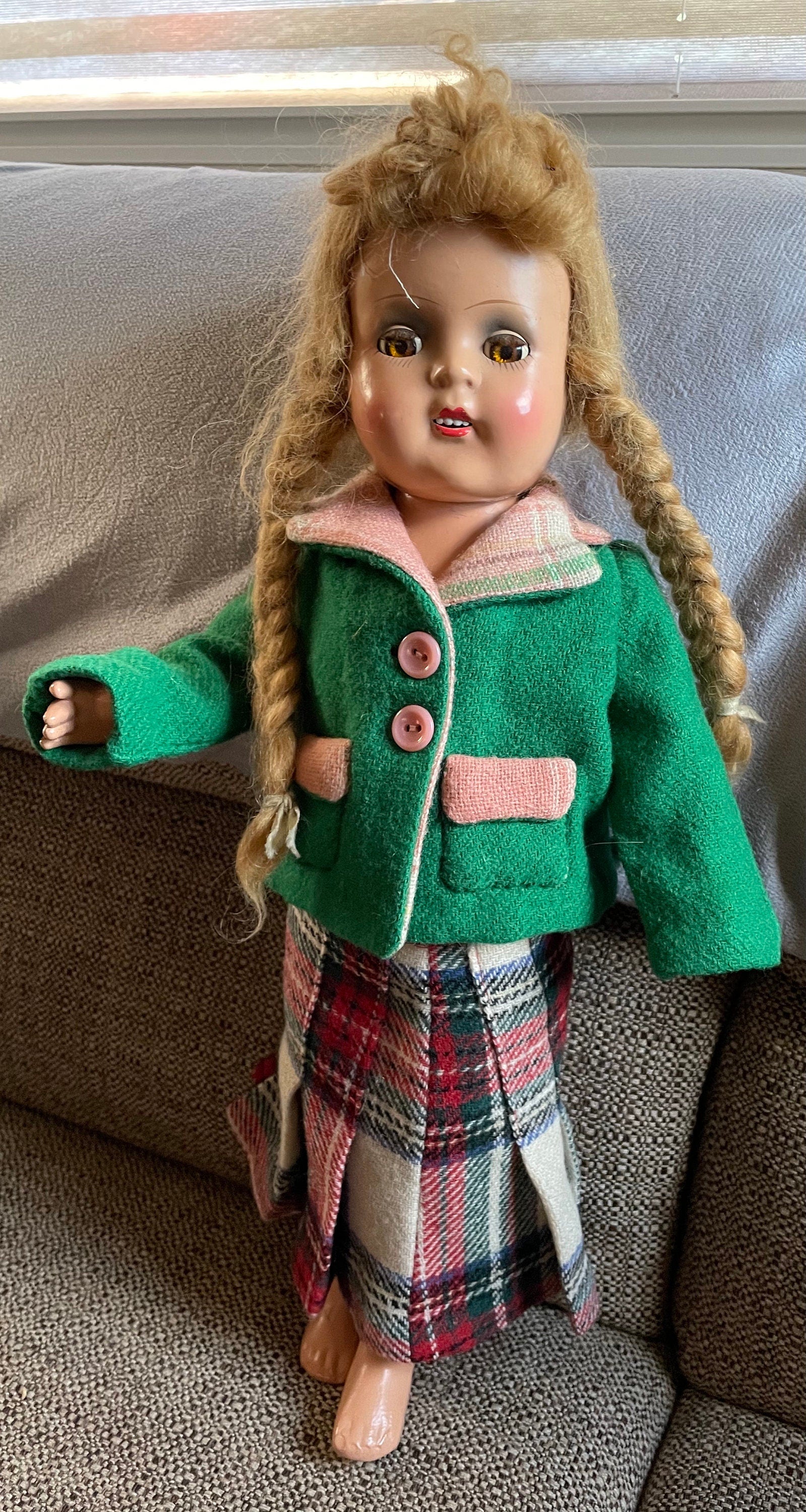 Beautiful Vintage 17" Composition Doll With Mohair Wig Open Mouth with Teeth