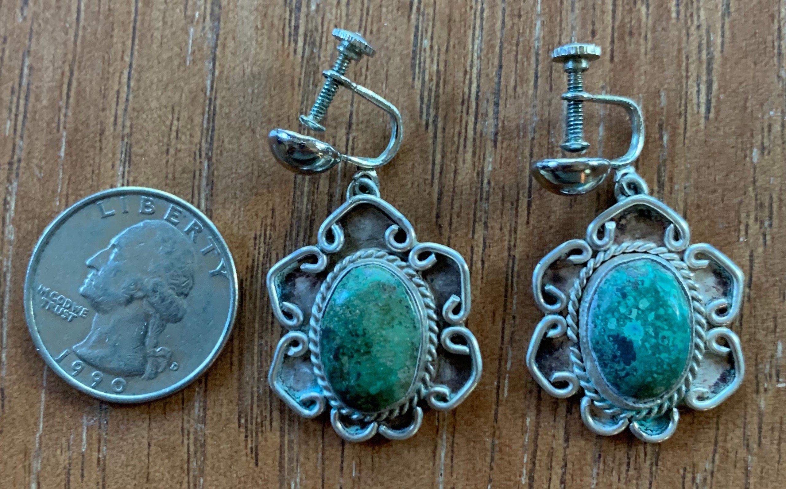 Large Native American Screw back Sterling Silver Turquoise Dangle Earrings