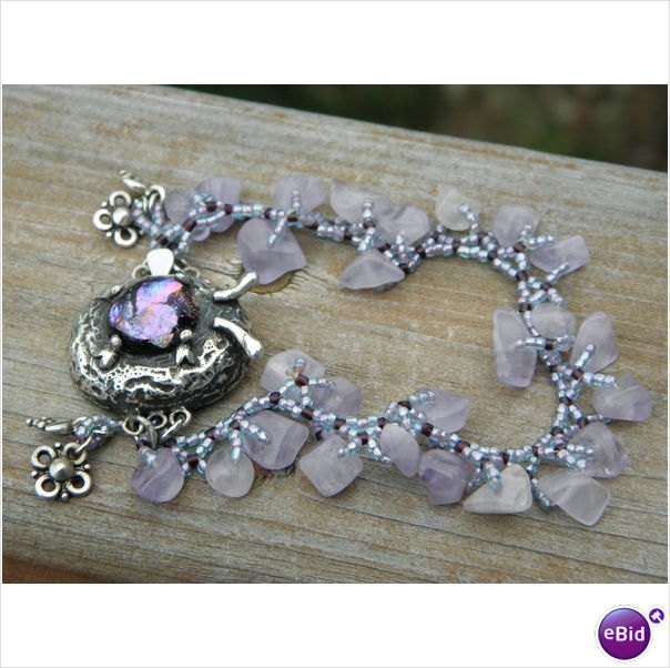 Sterling Silver with Dichroic Glass Cabochon Lavender Quartz Cute Bug Bracelet