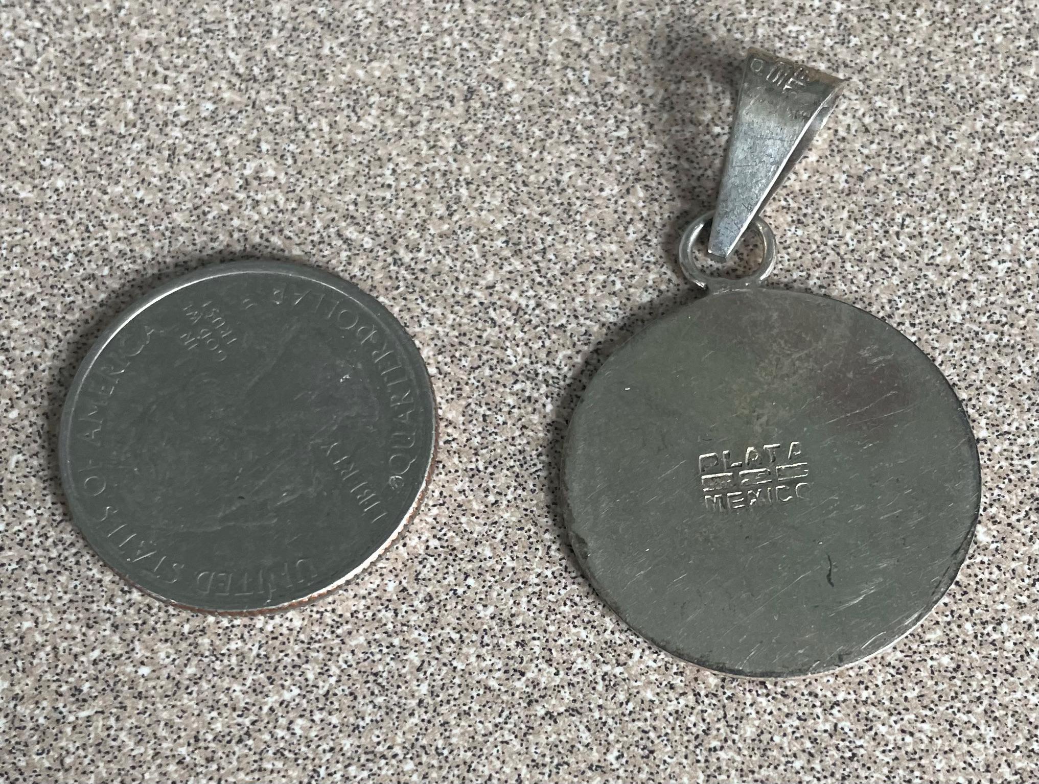 Unique Vintage Antique Taxco Mexico Sterling Silver 925 Sundial Aztec Pendant Necklace