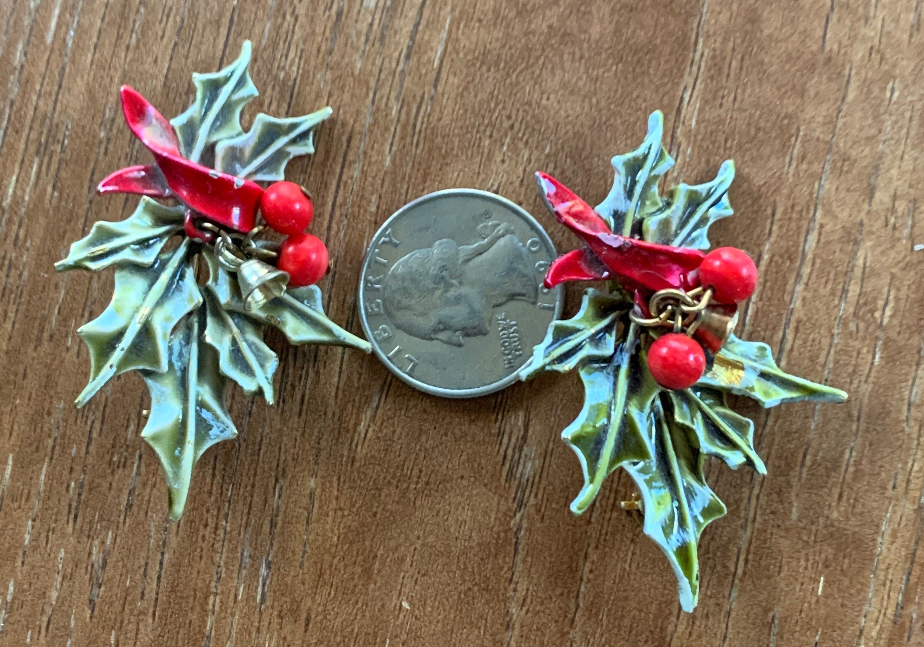 2 Signed ART Holly Berry Enamel Christmas Pins