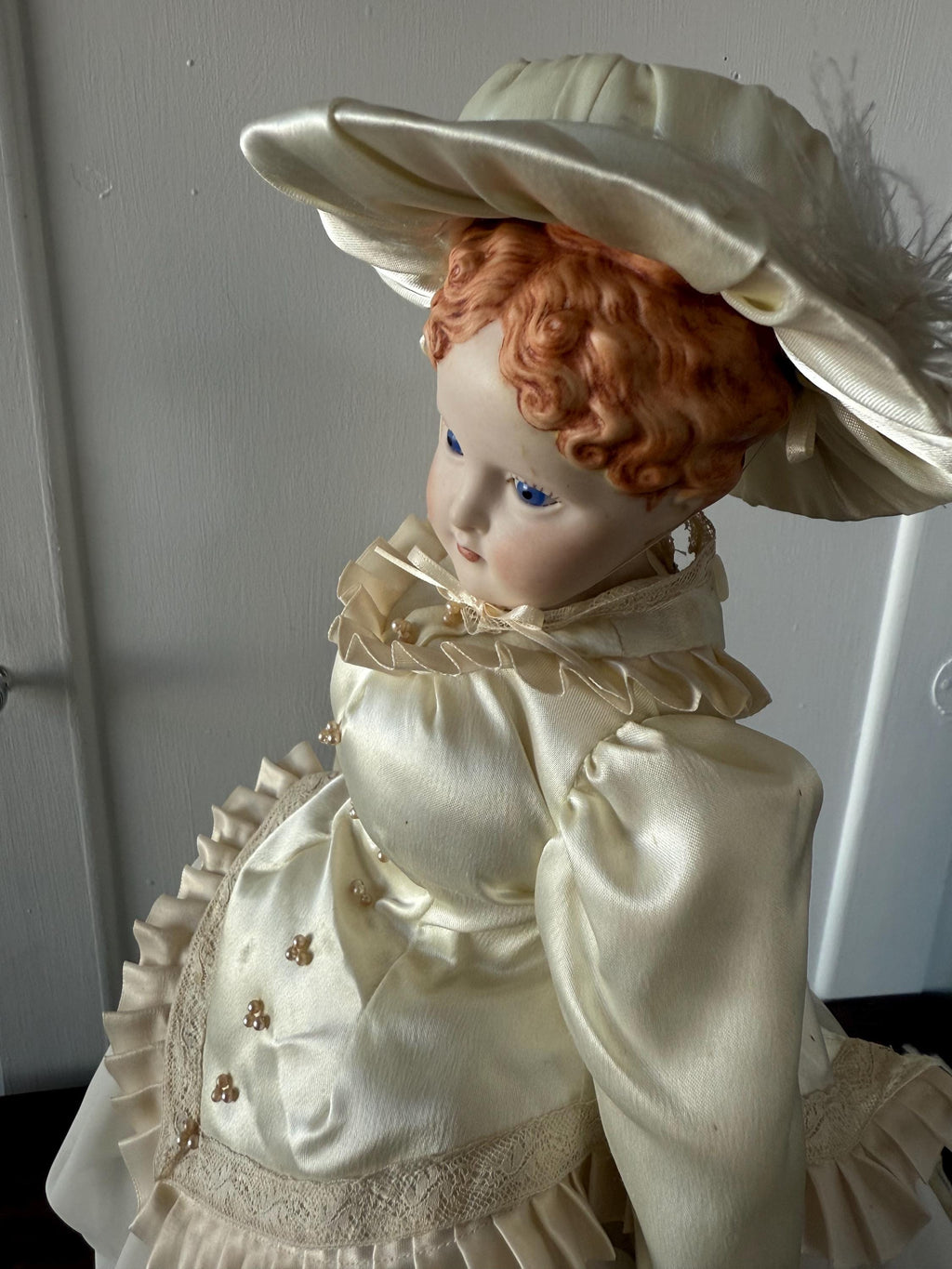 Antique 20" German Parian China Head doll Reproduction with Handmade Satin Off White Lace Dress Blue Glass Eyes
