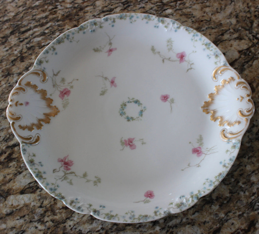 Large Antique Haviland Limoges CFM GDM France Periwinkle and Poppies Serving Dish Gold Trim