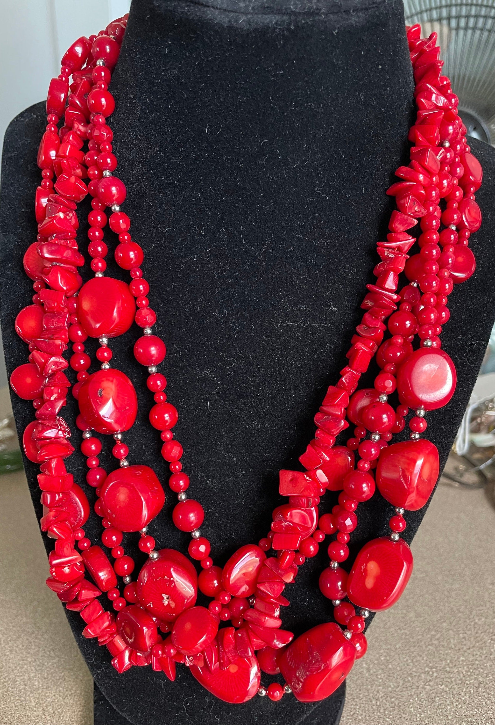 Vintage Natural Coral Chunky Beaded 5 Strand Necklace with Sterling Silver Clasp Signed CN