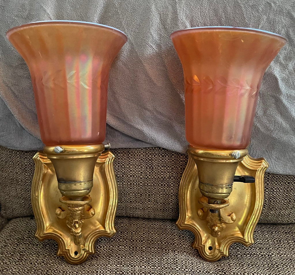 Rare Vintage/Antique 2 Wall Sconces with Carnival Glass Shades