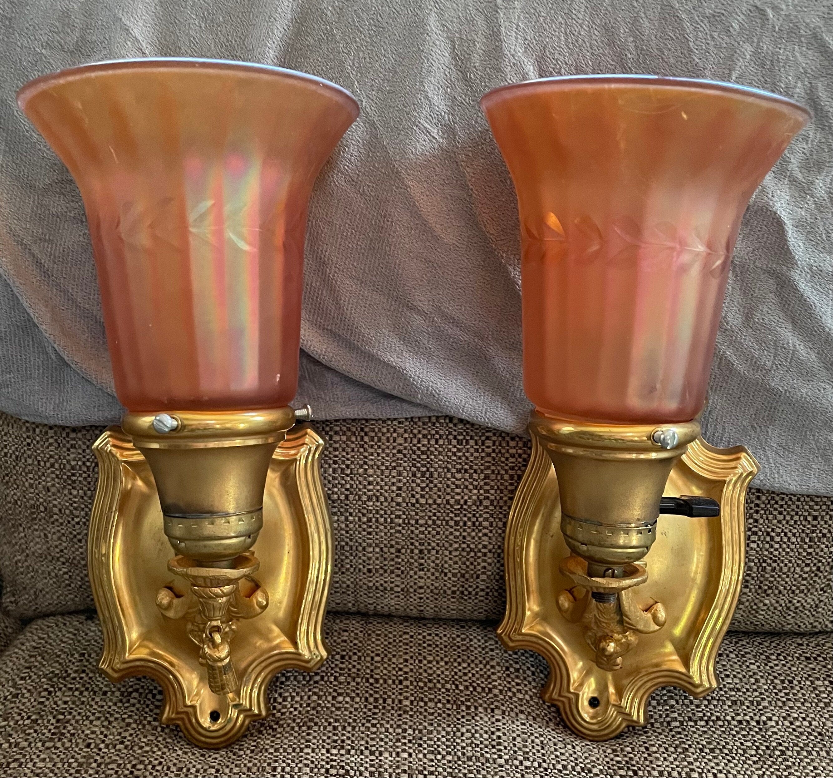 Rare Vintage/Antique 2 Wall Sconces with Carnival Glass Shades