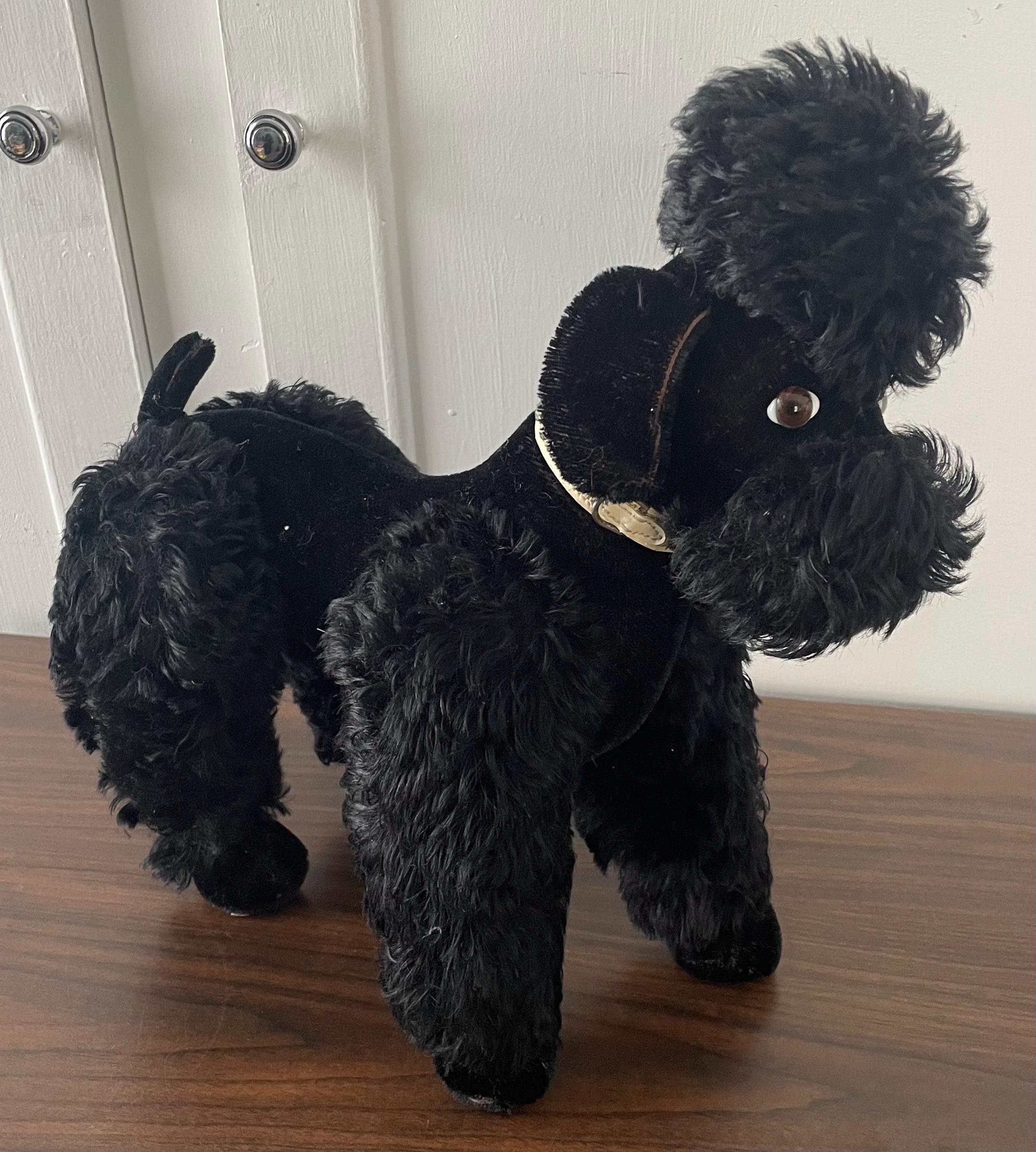 Fully Jointed Large 1940's Steiff Like Black Mohair Poodle Dog with Glass Eyes  13" Long with Rhinestone Studded Collar