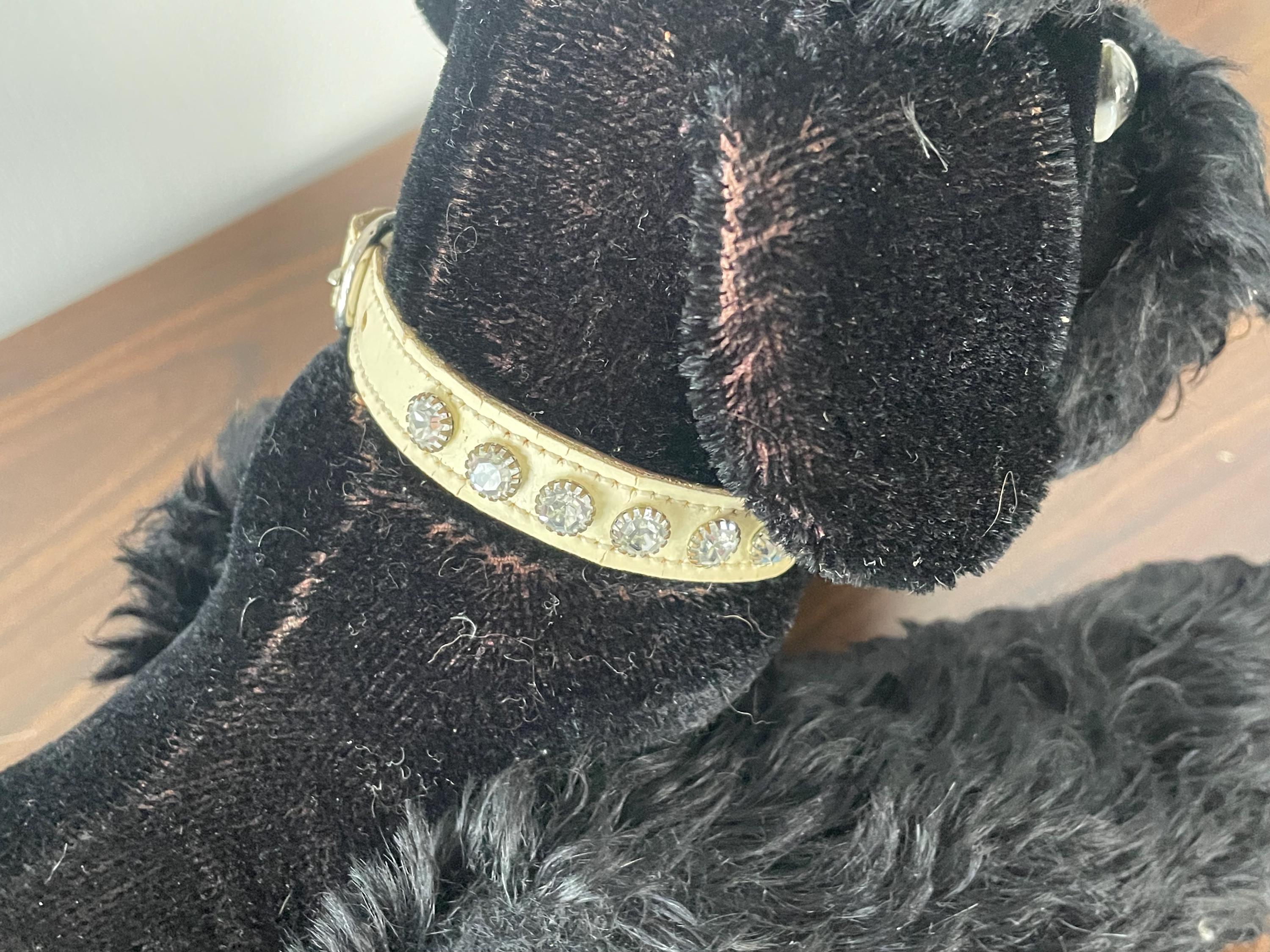 Fully Jointed Large 1940's Steiff Like Black Mohair Poodle Dog with Glass Eyes  13" Long with Rhinestone Studded Collar