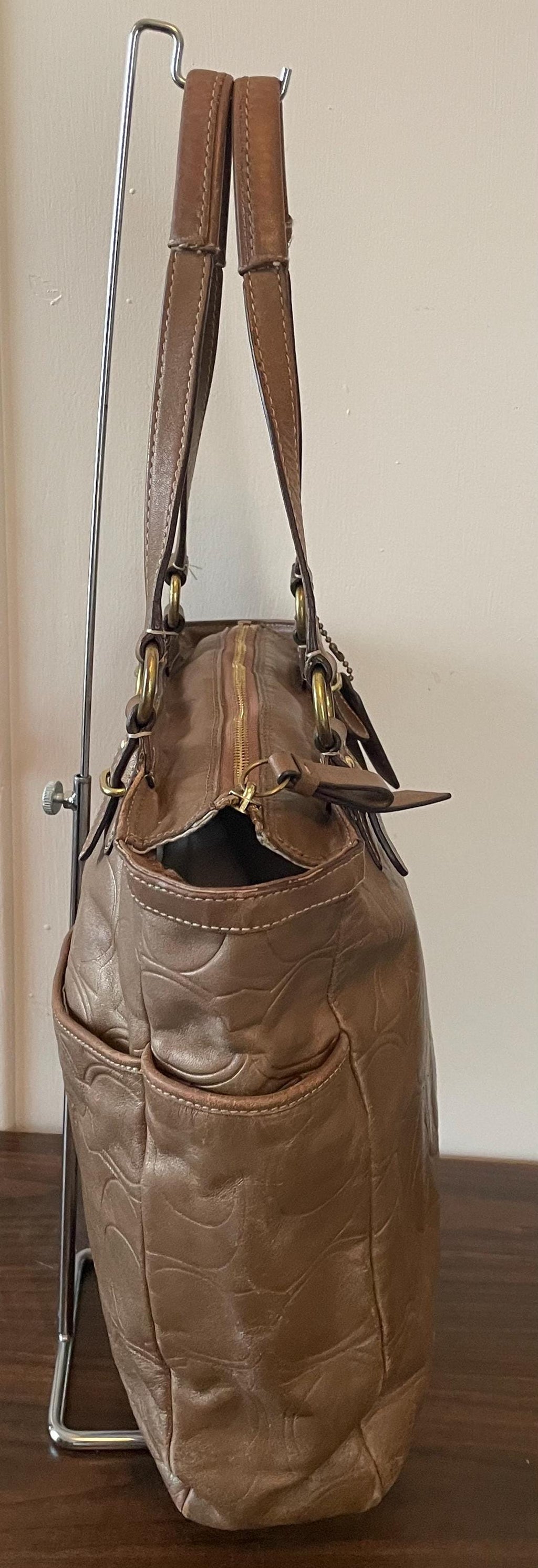 Vintage Genuine Bronze Leather Coach Purse Shoulder Bag Double Handle