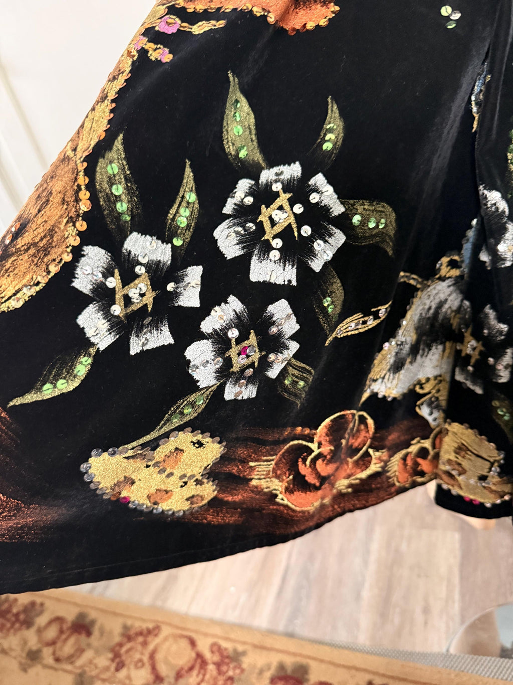 Stunning Bull Fighter 1950's Mexican Black Velvet Sequin Hand Painted Dress Circle Skirt with Top
