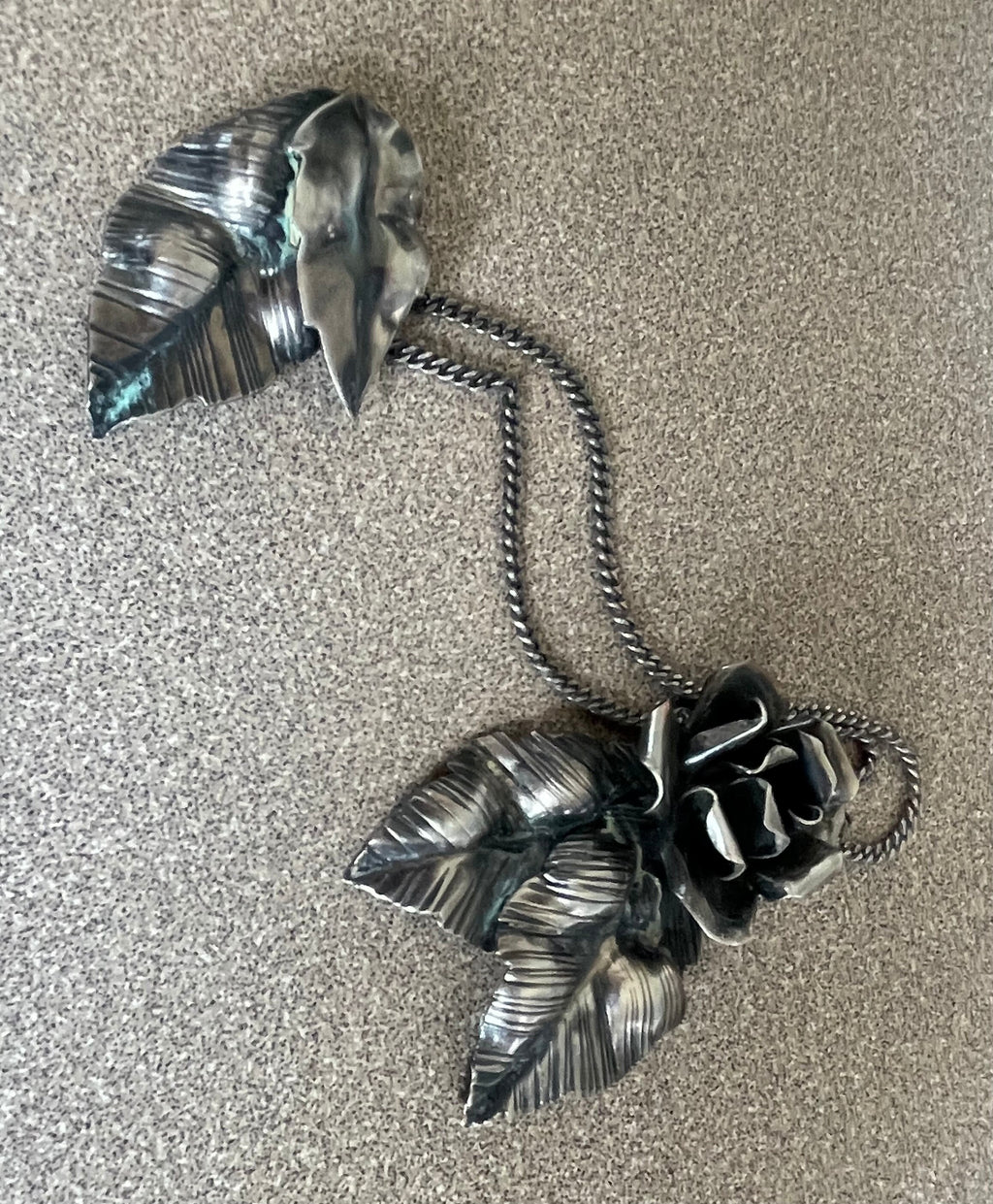 Beautiful Sterling Silver Vintage Rose Double Pin Marked Sterling