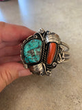 Large Sterling Silver Old Pawn Blue Green Coral & Turquoise Navajo Cuff Bracelet