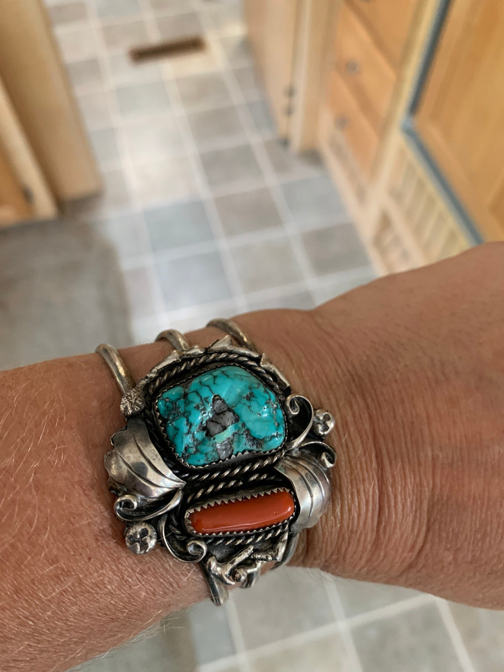 Large Sterling Silver Old Pawn Blue Green Coral & Turquoise Navajo Cuff Bracelet