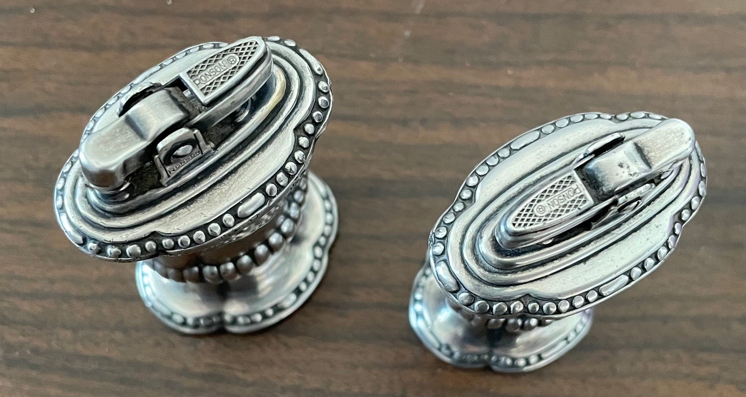 Beautiful Pair of Vintage Ronson Mayfair Silver Plate Table Lighters