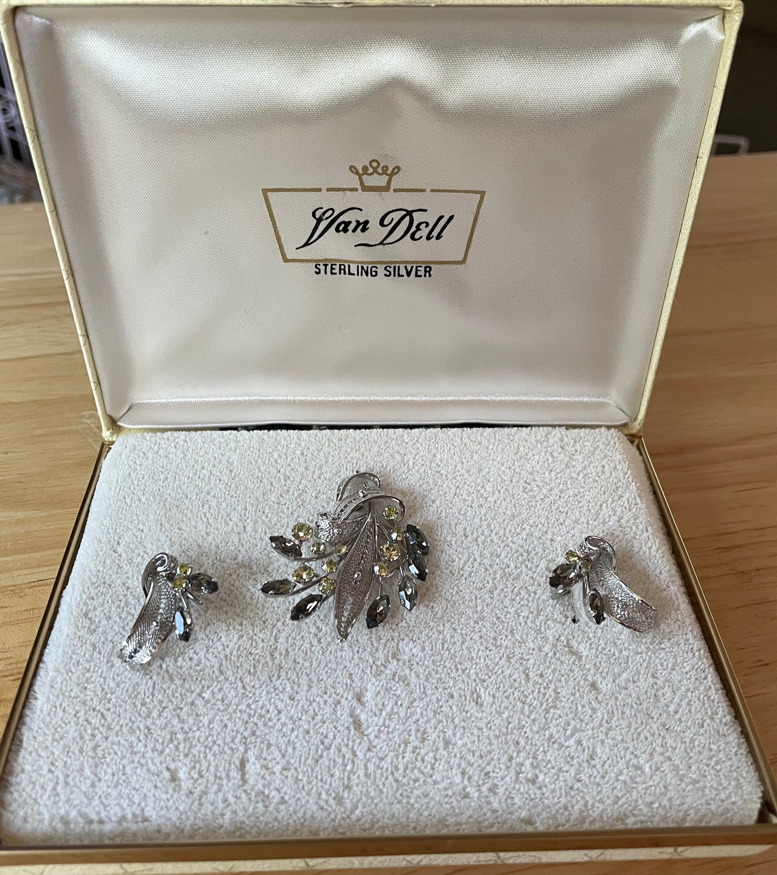 New in Box Vintage Van Dell Sterling Silver Brooch Pin and Earrings Set with Rhinestones
