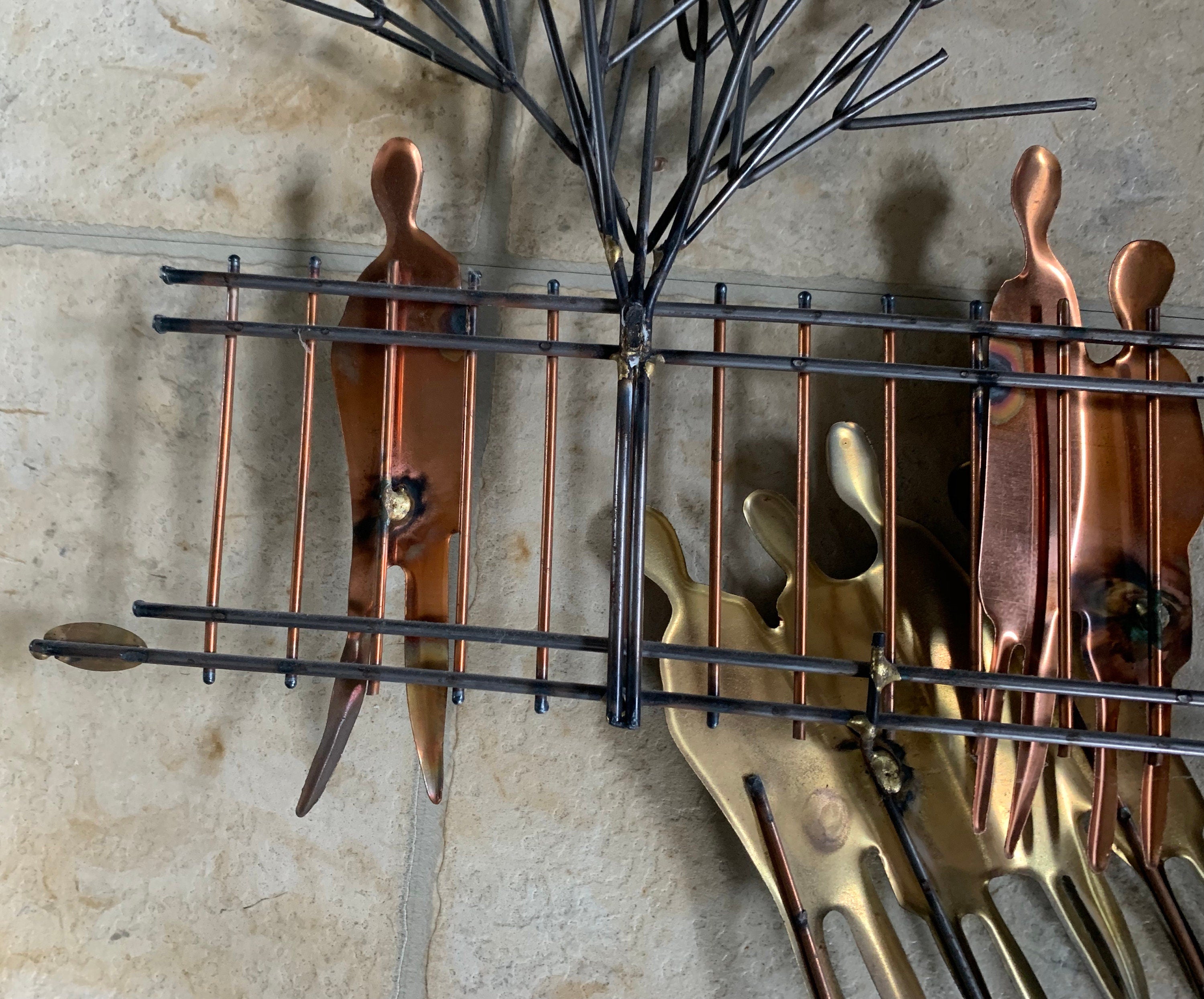 Huge Mid Century Modern C Curtis Jere Style Signed Wiley City Street Vendor Metal Wall Sculpture Art 3D