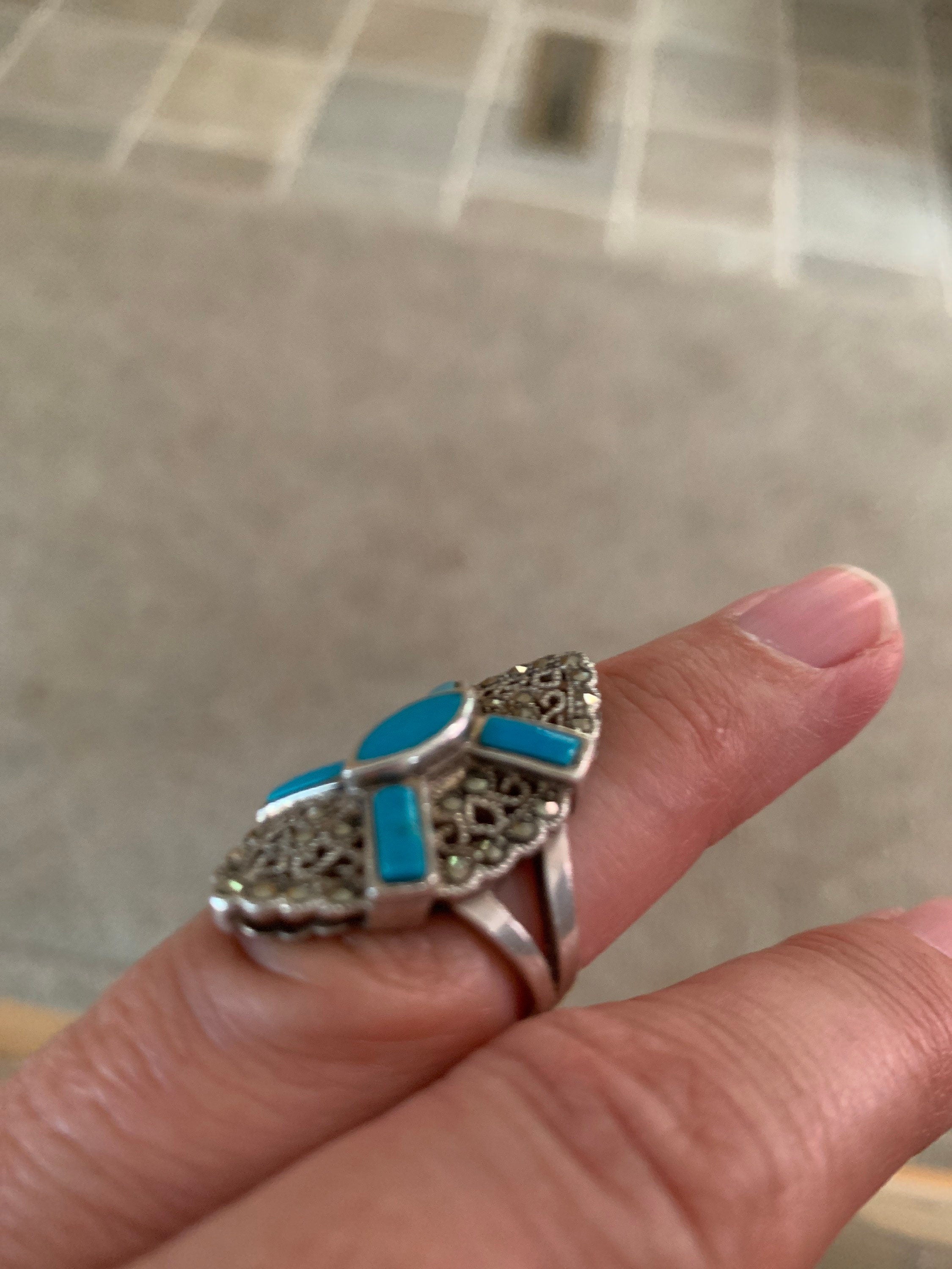 Large Turquoise Marcasite and Sterling Silver Ring