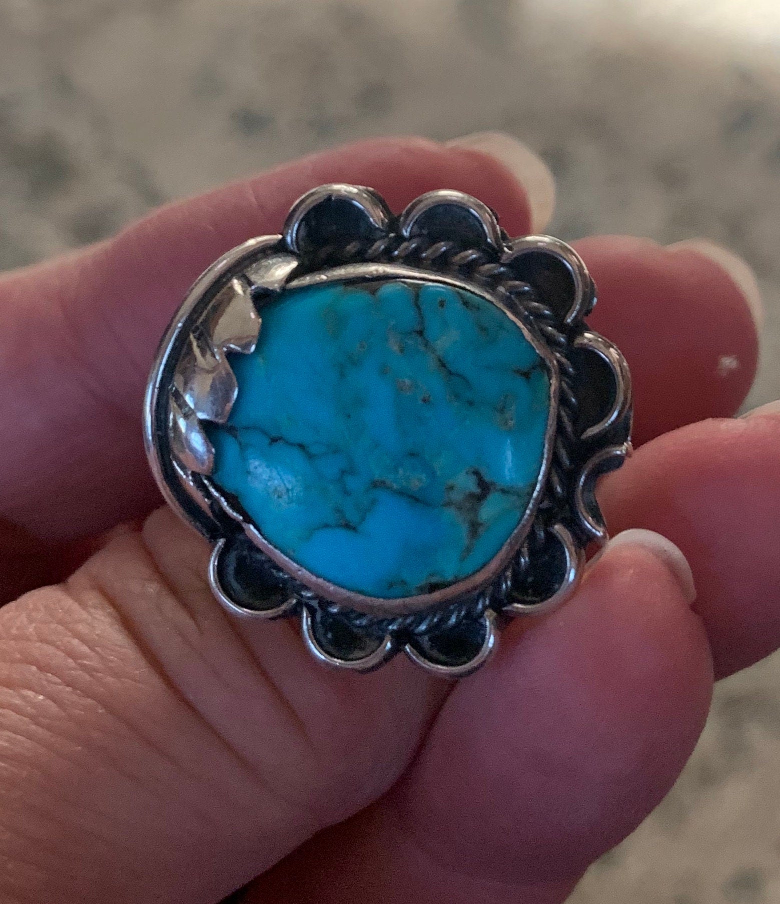 Beautiful Vintage Native American Pawn Silver Blue Turquoise Ring 7 1/2
