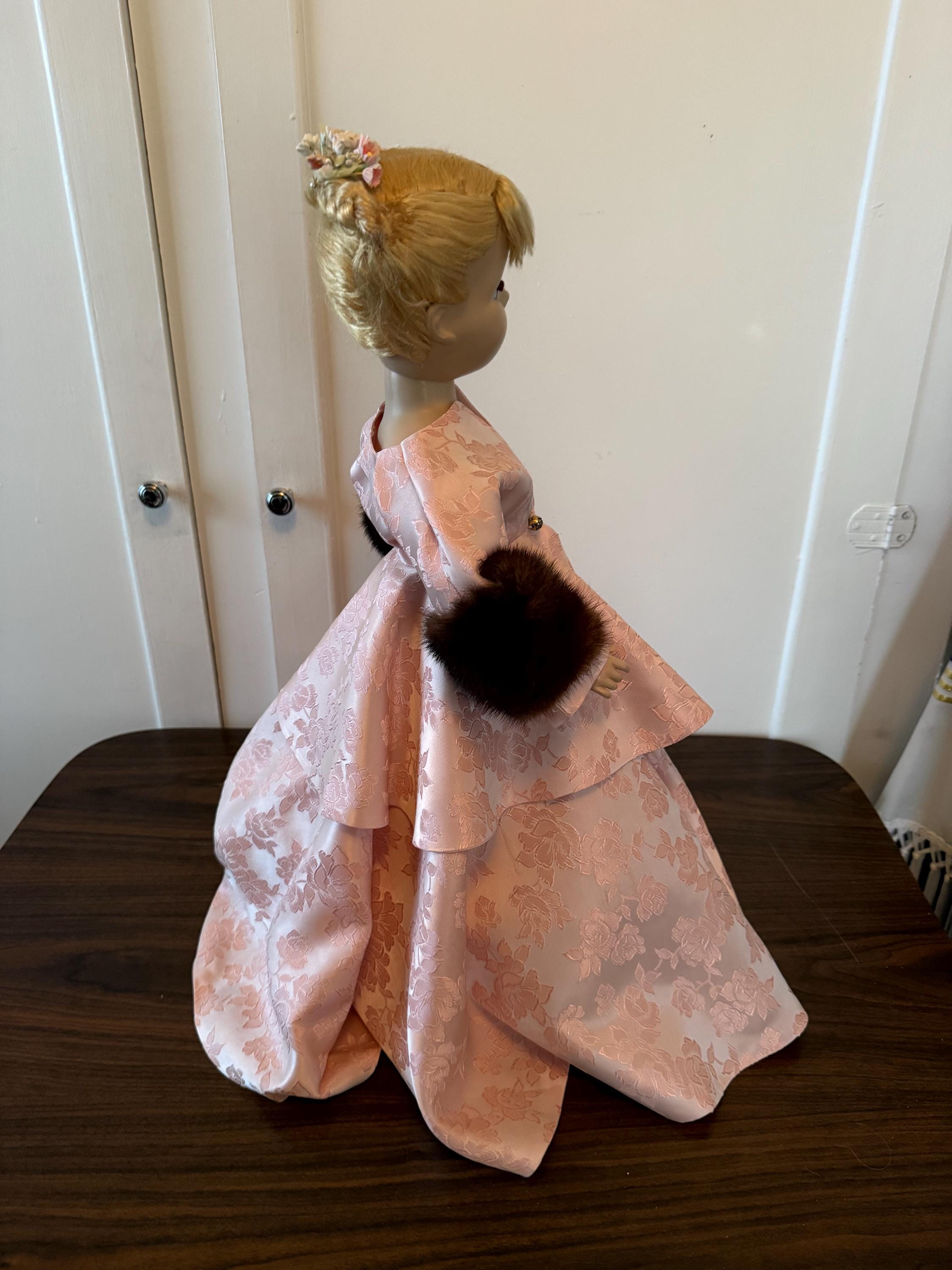 Stunning Vintage Erranbee 20" Nanette Doll with Pink Dress and Trimmed in Genuine Mink