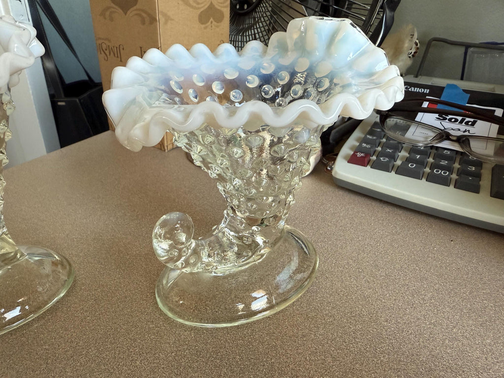 Vintage Pair of Fenton Opalescent Hobnail Moonstone Ruffle Top Horn Vases