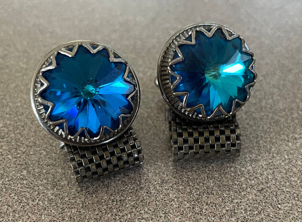 Stunning Vintage Dark Blue Watermellon Rivoli Rhinestone Men's Cuff Links Set Silver Tone Metal 60's Glam