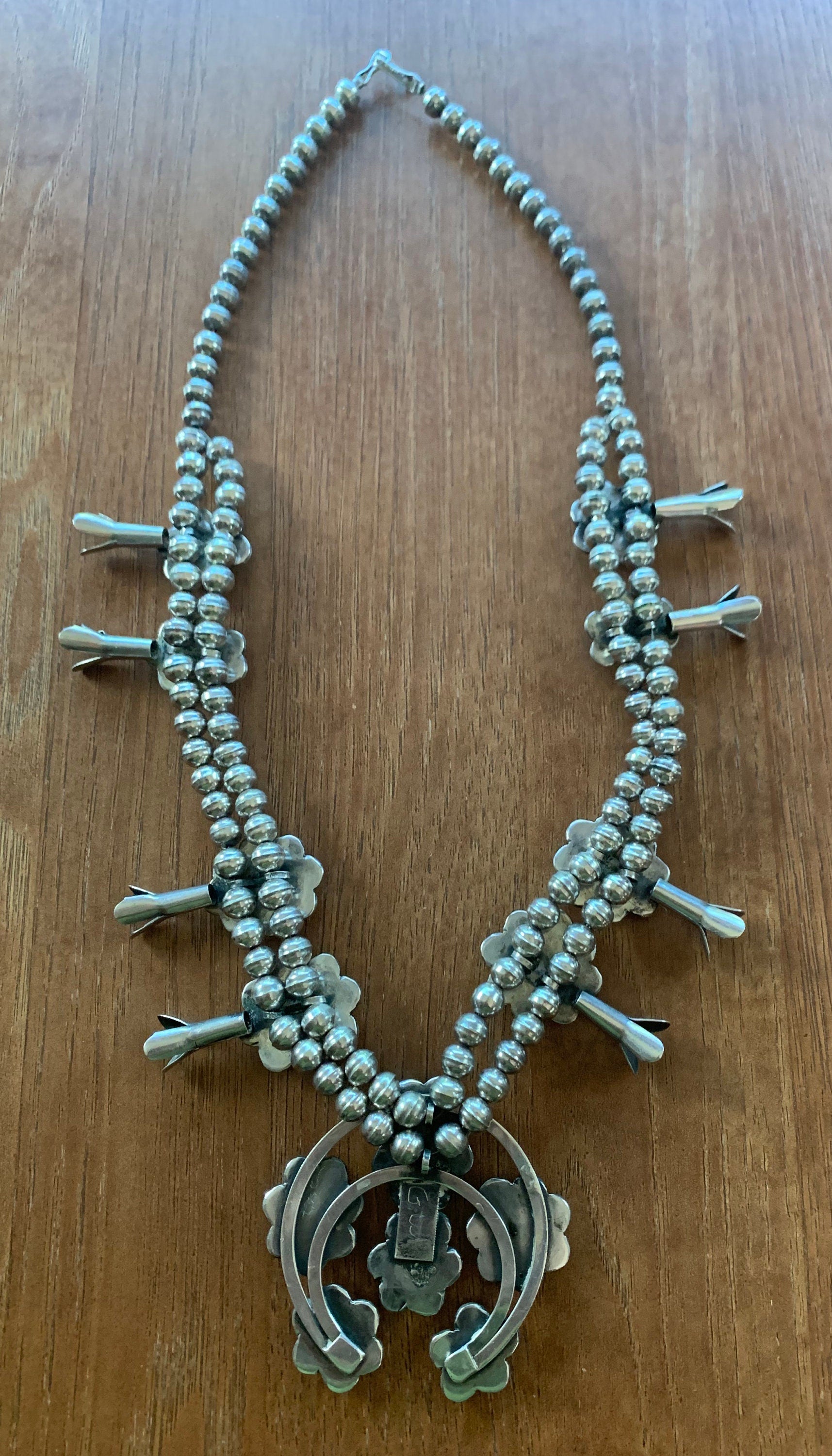 Heavy Sterling Silver Light Green Turquoise Artist Signed Squash Blossom Native American Necklace