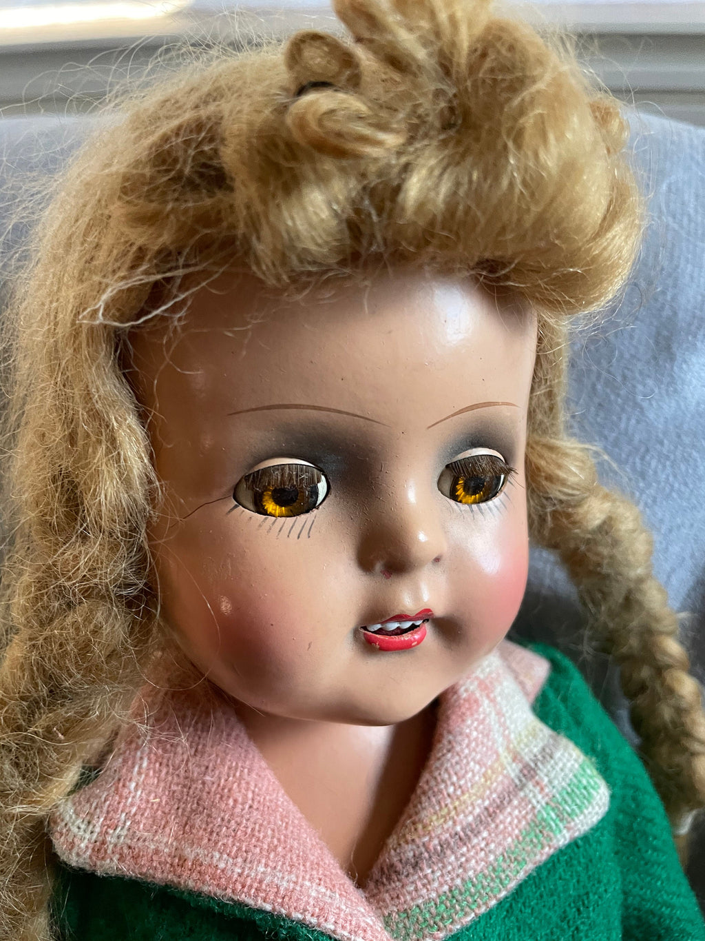 Beautiful Vintage 17" Composition Doll With Mohair Wig Open Mouth with Teeth