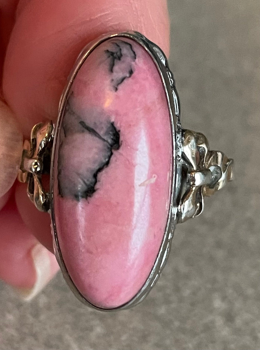 Beautiful Sterling Silver and 10k Gold Ring with Black Manganese and Pink Rhodonite Size 7 1/2 Great Holiday Gift