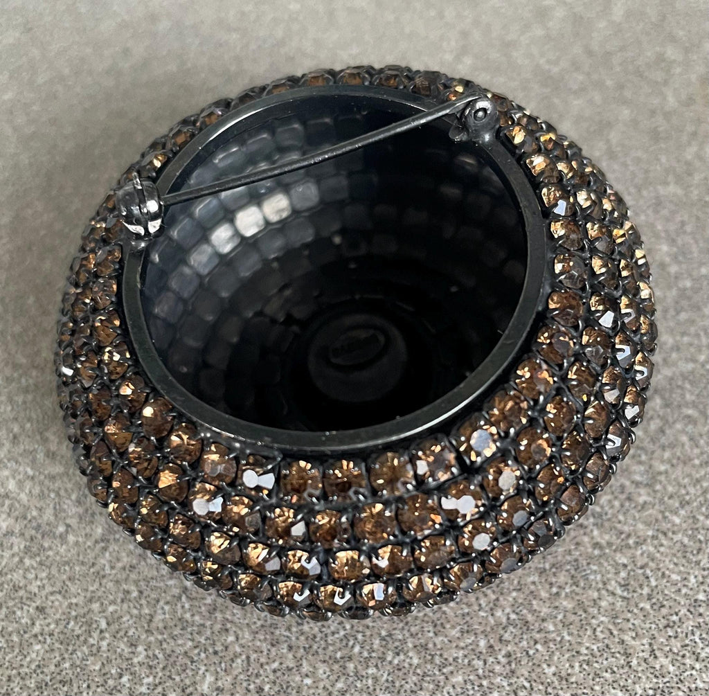 Super Rare Vintage Signed Sandor Hungarian High Layered Domed Rhinestone Encrusted Black Japanned Brooch Pin