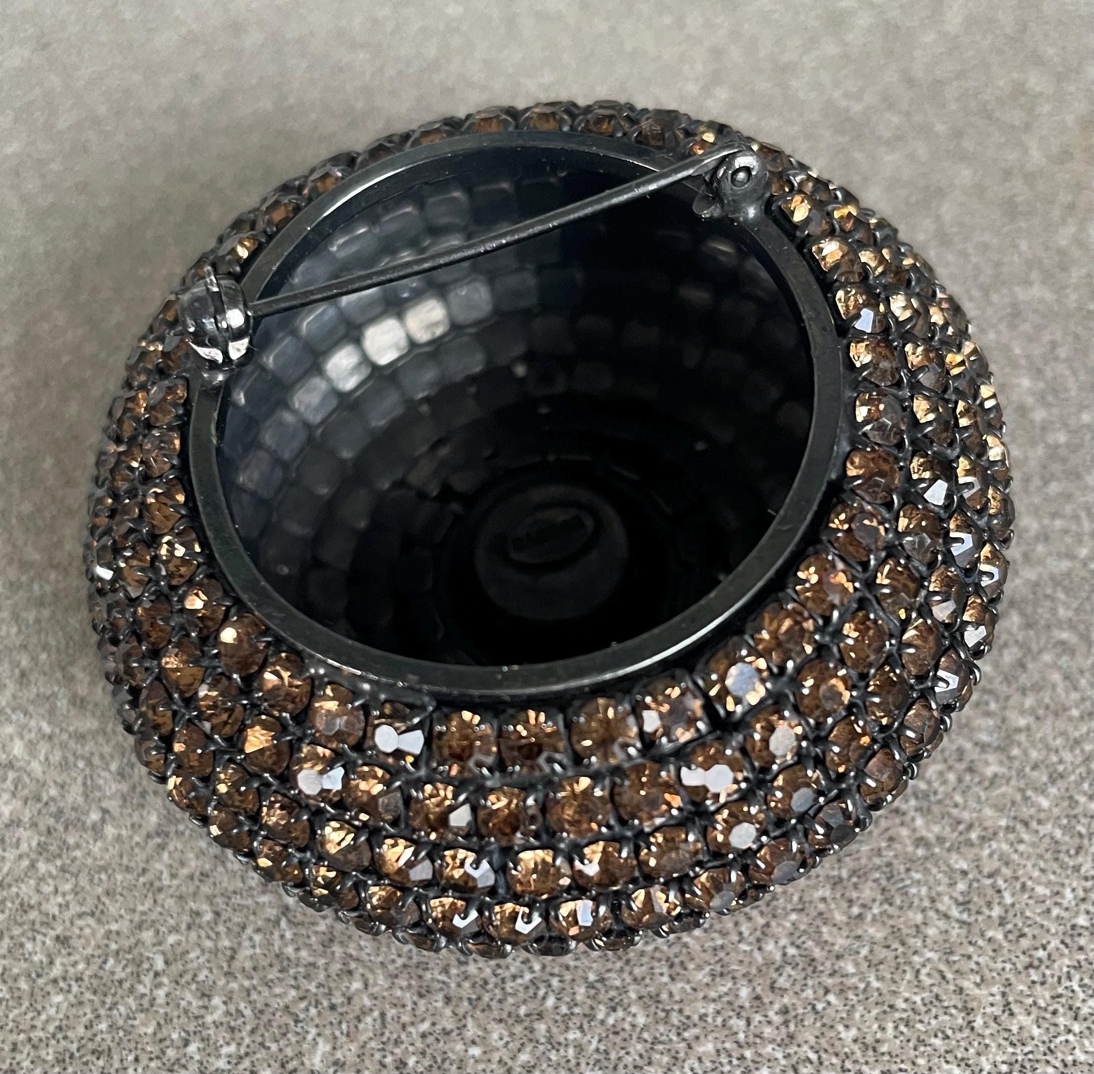 Super Rare Vintage Signed Sandor Hungarian High Layered Domed Rhinestone Encrusted Black Japanned Brooch Pin