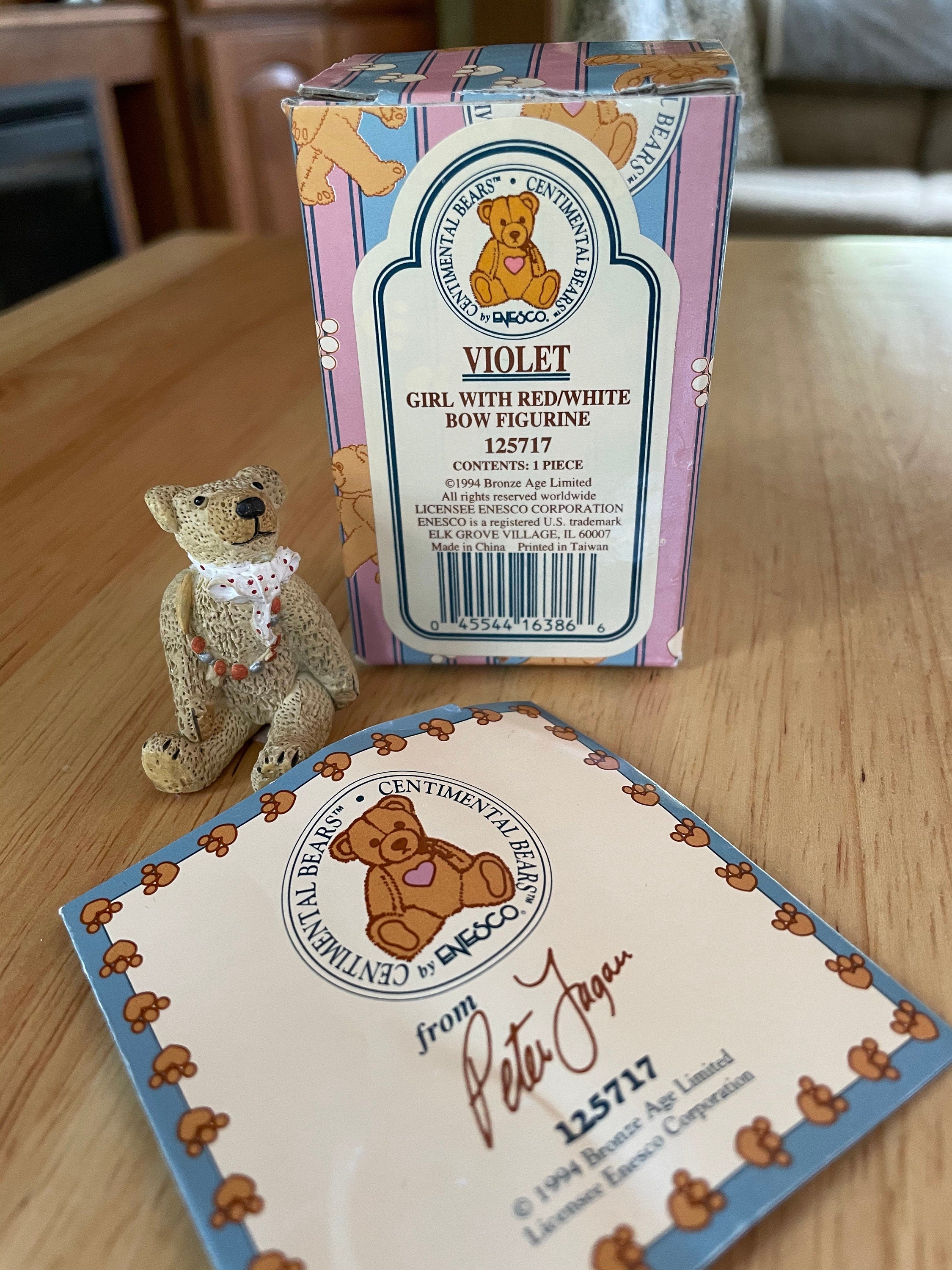 Enesco Centimental Bear "Violet Bear"with Red/White Bow Figurine #125717
