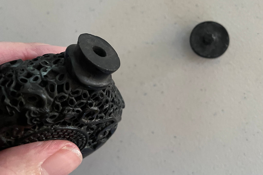 Vintage Chinese Ornately Carved Black Onyx Snuff Bottle